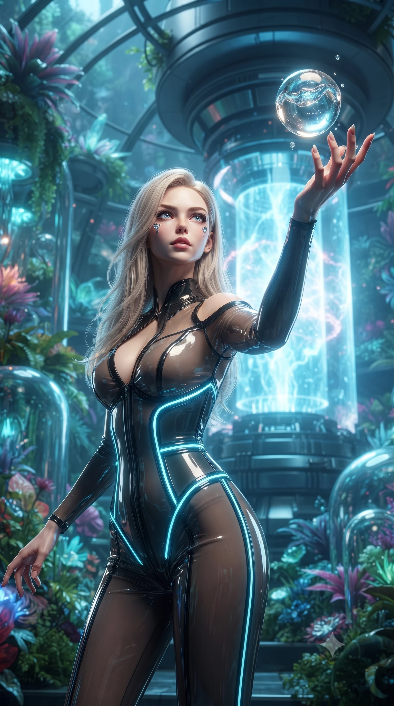 score_9, masterpiece, best quality, ultra-detailed, High-budget Anime Keyframe, editorial fashion photography, tasteful artistic composition, realistic cosplay photography, Caucasian woman, strictly human ears. Low angle cowboy shot filling the entire 9:16 frame with her statuesque presence. Scenario 319: reaching out to catch a floating sphere of liquid light in a secret bio-dome containing a giant glowing fusion reactor. Her presence is magnetic and overpowering in this high-budget cinematic scene. Outfit 319: a tailored patent leather sheer with a low-cut shoulder and glowing LED seams. The clothing is designed to emphasize her exceptionally tall and slender 8-heads proportion. 8-heads proportion, towering silhouette, ultra-slim waist. sharp v-shaped jawline, intricate jewel-like eyes with depth, thick eyelashes, glossy lips. ultra-reflective glossy finish, specular highlights, metallic sheen, high-contrast stereoscopic depth, volumetric dynamic lighting, 2k, ultra detail, master piece, 9:16 ratio