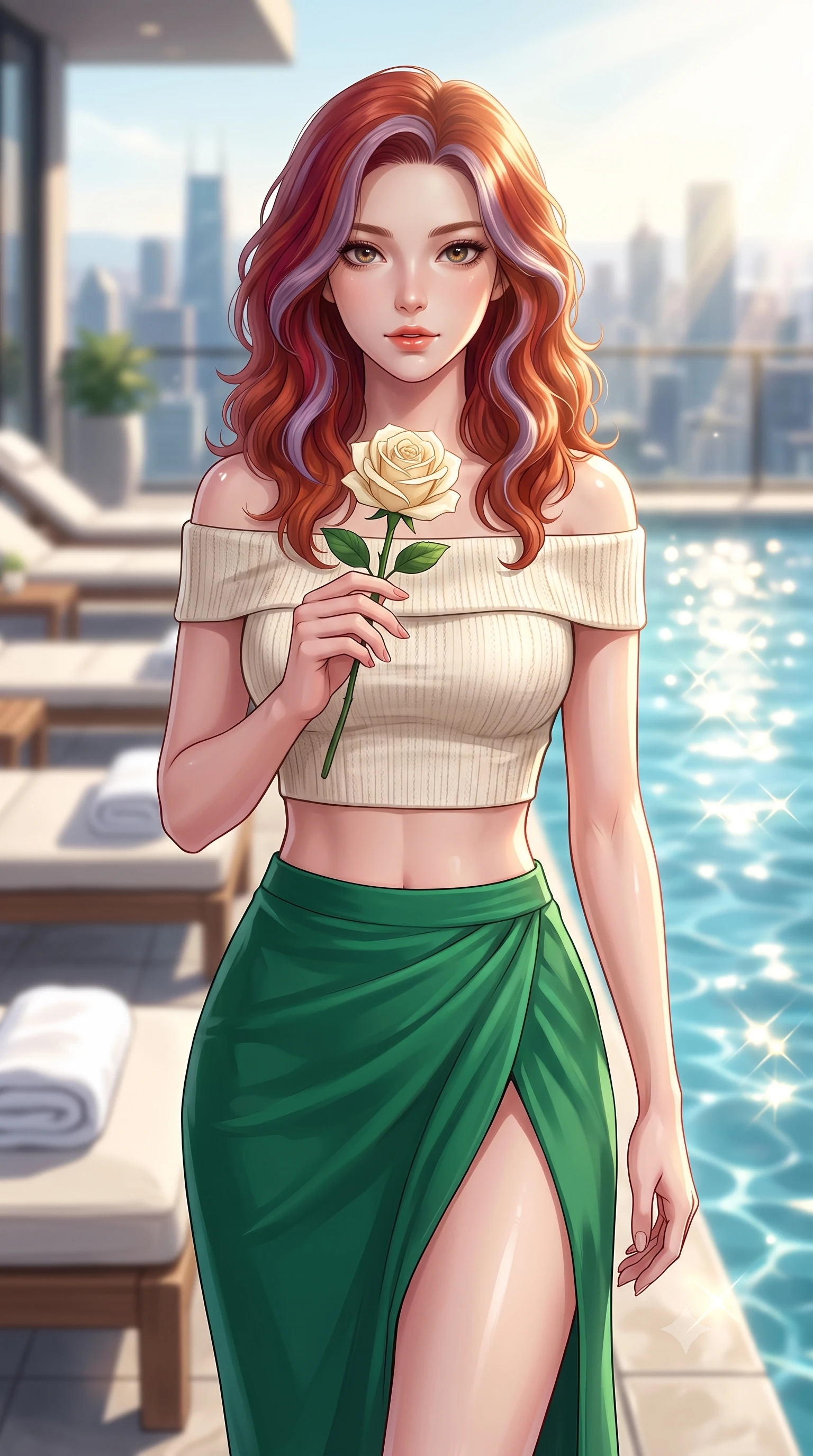 score_9, masterpiece, best quality, ultra-detailed, high-budget anime keyframe, editorial fashion photography, tasteful artistic composition, Caucasian woman woman. close-up cowboy shot from the waist and thighs up, the character dominates the composition, filling the frame with her large presence, background elements kept in soft focus. gazing directly at the viewer with a calm and welcoming expression, holding a fresh flower the background shows a soft-focus a luxury hotel rooftop pool with sunbeds and white towels, looking out at the city. She has an exceptionally elegant, slender, and willowy female figure with an ultra-slim waist, a gracefully sculpted slender torso, and a refined silhouette. sharp v-shaped jawline, high-bridge nose, intricate jewel-like eyes with depth, thick eyelashes, glossy lips with a natural sheen. wearing a form-contouring cropped off-shoulder knit top in cream paired with a high-slit wrap skirt in emerald green. bright afternoon sunbeams creating shimmering patterns in the blue pool water. 2k, ultra detail, master piece, 9:16 ratio