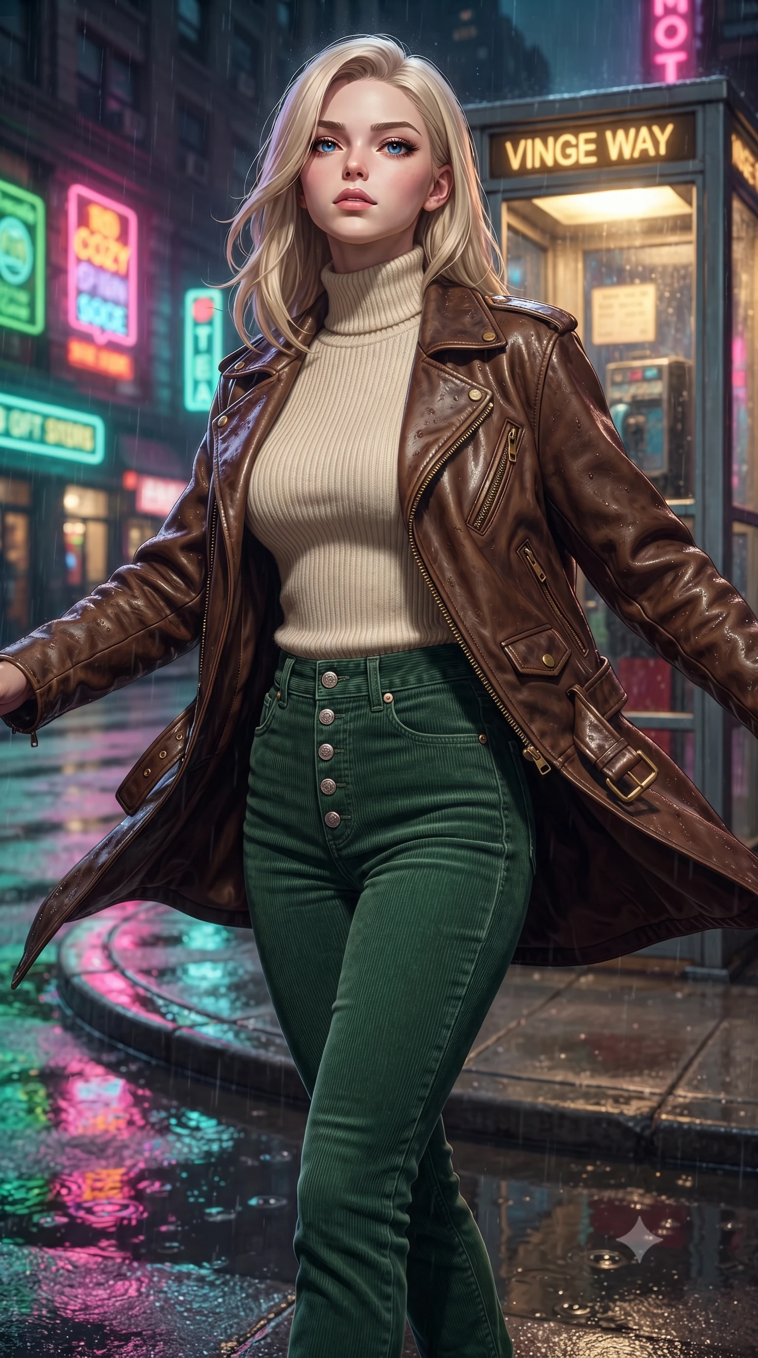 score_9, masterpiece, best quality, ultra-detailed, high-budget anime keyframe, editorial fashion photography, tasteful artistic composition, Caucasian woman. close-up cowboy shot from the waist and thighs up, the character dominates the composition, filling the frame with her large presence. tilting her chin up with proud, sovereign confidence while gazing directly into the lens with thick, dark eyelashes while twirling on the wet sidewalk corner as neon reflection puddles create mirror images of her slender silhouette. The surrounding environment is rendered in vivid detail and crisp panoramic clarity. detailed wet trench coat fabric, sidewalk puddle caustics, and neon reflection clarity in high resolution. She has an exceptionally elegant, slender, and willowy female figure with an ultra-slim waist, a gracefully sculpted slender torso, toned flat midriff, and a refined slim silhouette. sharp v-shaped jawline, high-bridge nose, intricate jewel-like eyes with depth, thick eyelashes, glossy lips with a natural sheen, captivating and magnetic expression, flawlessly proportioned anatomical accuracy, strict slender model proportions, natural body alignment, perfectly sculpted long slender limbs, ultra-slim waistline, clean dynamic posture without body distortion. wearing an iconic oversized vintage brown leather biker jacket worn over a snug ribbed turtleneck and high-rise mom jeans in forest green, cream, and mustard yellow, tailored from soft fine-wale corduroy with rich velvety texture, finished with polished mother-of-pearl buttons and tailored flap pockets, the liquid-tight tailored fabric emphasizing every curve of her tall, slender model proportions and sculptured silhouette during dynamic movement. bathed in cozy yellow interior phone booth lamp light contrasting with cool neon street reflections outside. ultra-reflective glossy finish, specular highlights, rich textural contrasts, high-contrast stereoscopic depth, volumetric dynamic lighting, 2k, ultra detail, master piece, 9:16 ratio