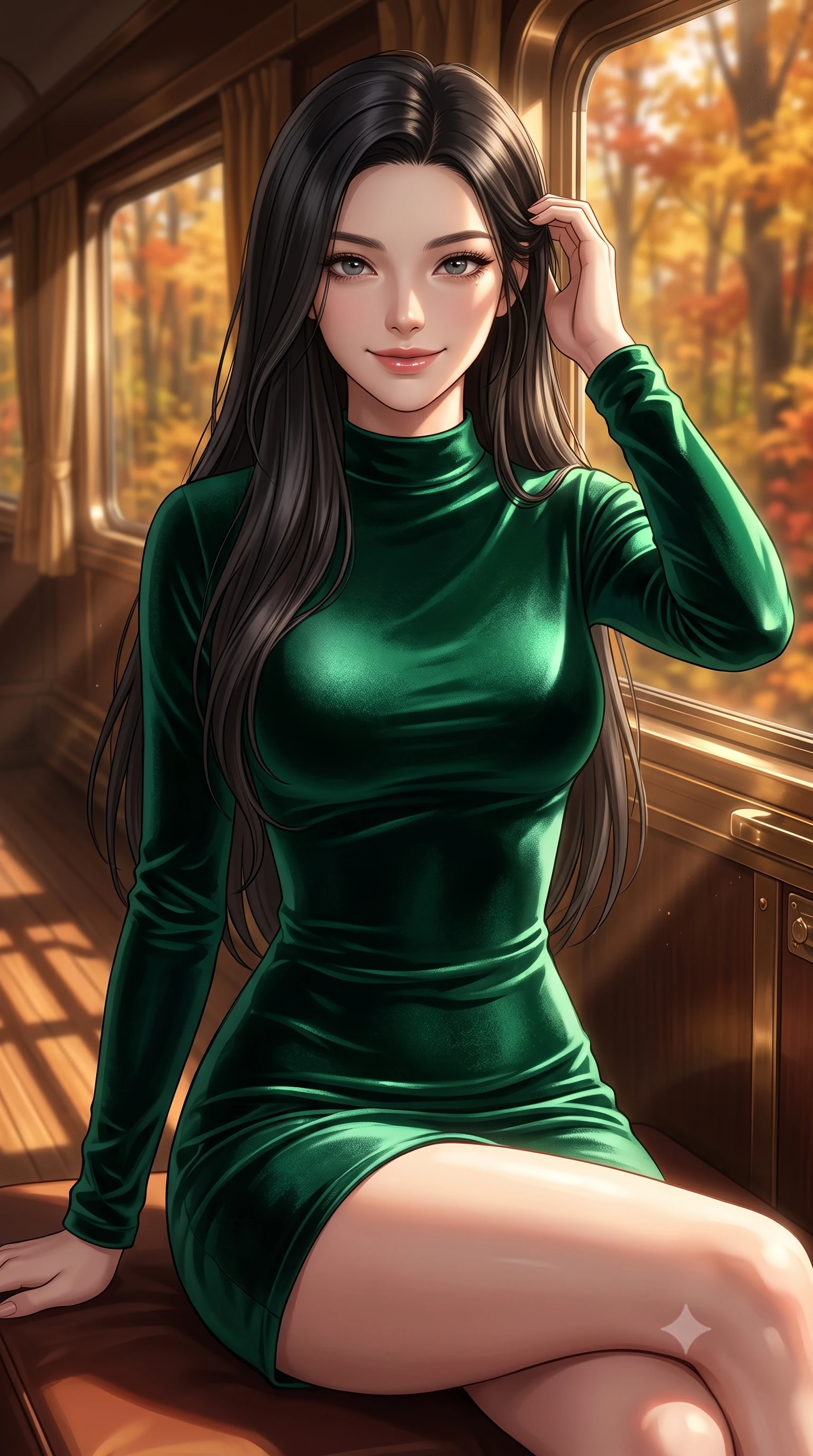 score_9, masterpiece, best quality, ultra-detailed, high-budget anime keyframe, editorial fashion photography, tasteful artistic composition, Korean woman. close-up cowboy shot from the waist and thighs up, the character dominates the composition, filling the frame with her large presence, background elements kept in soft focus. smiling with quiet, magnetic self-assurance directly into the camera, running a hand through her hair the background shows a soft-focus a train cabin corner during autumn, looking at golden forests in soft focus. She has an exceptionally elegant, slender, and willowy female figure with an ultra-slim waist, a gracefully sculpted slender torso, and a refined silhouette. sharp v-shaped jawline, high-bridge nose, intricate jewel-like eyes with depth, thick eyelashes, glossy lips with a natural sheen. wearing a slim-fit body-hugging emerald green velvet dress with a simple mock-neck collar. warm late afternoon sunrays casting long wooden frame shadows on the floor. ultra-reflective glossy finish, specular highlights, metallic sheen, high-contrast stereoscopic depth, volumetric dynamic lighting, 2k, ultra detail, master piece, 9:16 ratio