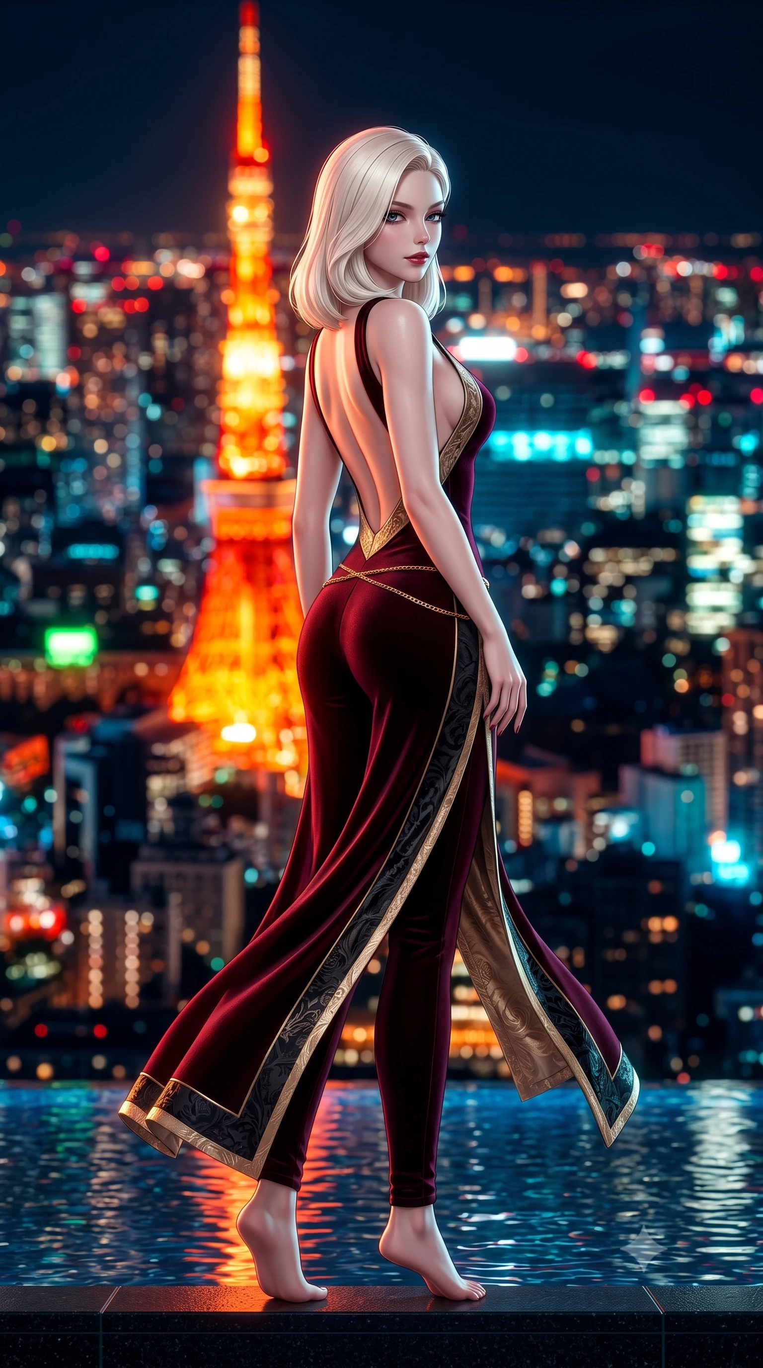 score_9, masterpiece, best quality, ultra-detailed, high-budget anime keyframe, semi-realistic 3D game render, editorial fashion photography, tasteful artistic composition, Caucasian woman. low angle full-body shot from head to toe showing her feet, filling the entire 9:16 vertical frame with her statuesque presence, stretching her vertical silhouette. executing a slow, elegant turn as her liquid gown flutters around her slender legs, glancing over her shoulder with an intoxicating, seductive bedroom-gaze while standing poised at the edge of the illuminated black-granite infinity pool, arching her back as the iconic glowing orange Tokyo Tower towers in the background. The composition keeps background elements in soft focus with dreamy creamy bokeh. the fiery orange beacon of Tokyo Tower and dense megalopolis sea of lights blurred into brilliant scarlet, amber, and electric cyan bokeh. She has an exceptionally tall and slender model-like 8.5-heads proportion, an ultra-slim waist, a flat toned midriff, narrow delicate ribcage, and beautifully sculpted feminine hips creating a graceful, slim hourglass silhouette without any bulky heaviness, with impossibly long slender legs. sharp v-shaped jawline, high-bridge nose, intricate jewel-like dark sparkling eyes with dangerous depth, thick curled eyelashes, glossy parted lips with a rich wine sheen, smoldering seductive half-smile with bedroom-eyes, exuding effortless superiority and intoxicating dark allure, flawlessly proportioned anatomical accuracy, strict slender model proportions, natural body alignment, perfectly sculpted long slender limbs, ultra-slim waistline, clean dynamic posture without body distortion. wearing a second-skin dark burgundy stretch-velvet jumpsuit with a plunging neckline and open back in midnight jet-black and liquid champagne gold, tailored from rich silk jacquard with subtle embossed baroque patterns, finished with a delicate gold snake chain belt resting loosely across her curvy hips, the precision-cut side openings and low-back scoop framing her graceful spine and the sensual sweep of her slim, toned hips. bathed in the warm radiant scarlet and orange glow of Tokyo Tower contrasted with deep midnight navy skies. highly saturated vibrant anime colors, detailed shading with soft gradients, rich glossy textures, high-contrast stereoscopic depth, volumetric dynamic lighting, master piece, 9:16 ratio