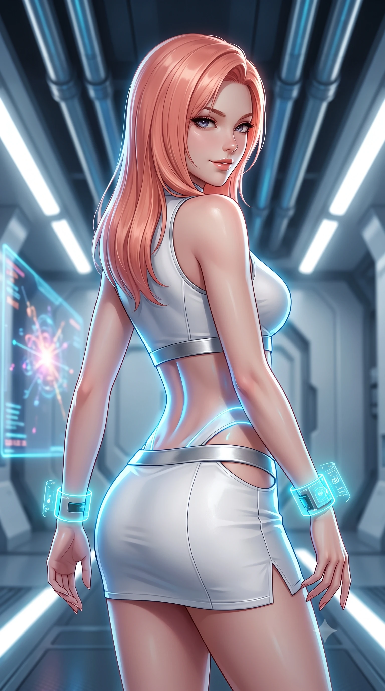 score_9, masterpiece, best quality, ultra-detailed, high-budget anime keyframe, semi-realistic 3D game render, editorial fashion photography, tasteful artistic composition, Japanese woman. close-up cowboy shot from the waist and thighs up, the character dominates the composition, filling the frame with her large presence. turning slowly with a smoldering smile, her sleek hair catching the cockpit HUD rim light as her hips angle gracefully in a captivating contrapposto while twisting her slender torso in an alluring contrapposto stance, subatomic Cherenkov radiation glows tracing her narrow waist and hips. The background shows a soft-focus overhead cryogenic coolant lines and holographic collision event displays softened in cutting-edge physics facility shallow focus. She has an exceptionally elegant, slender, and willowy female figure with an ultra-slim waist, flat toned midriff, narrow ribcage, and sculpted feminine hips creating an alluring, slim hourglass silhouette without bulk. sharp v-shaped jawline, high-bridge nose, intricate jewel-like sparkling eyes with depth, thick eyelashes, glossy parted lips with a natural sheen, bright confident smile with an enchanting and coquettish sensual glint, exuding both youthful magnetic charm and sovereign high-tech allure, flawlessly proportioned anatomical accuracy, strict slender model proportions, natural body alignment, perfectly sculpted long slender limbs, ultra-slim waistline, clean dynamic posture without body distortion. wearing a body-hugging modern carbon-alloy crop top paired with a low-rise tactical skirt and a subtle waist cut-out in pure alabaster white and brushed silver accents, formed from supple thermal silicone composite adhering seamlessly like a second skin, featuring sleek glowing cyan HUD display wrist cuffs with floating data telemetry, the precision-cut side openings and low-back scoop framing her graceful spine and the sensual sweep of her slim, toned hips. bathed in eerie Cherenkov blue luminescence and crisp white fluorescent tunnel lighting. highly saturated vibrant anime colors, detailed shading with soft gradients, rich glossy textures, high-contrast stereoscopic depth, volumetric dynamic lighting, master piece, 9:16 ratio