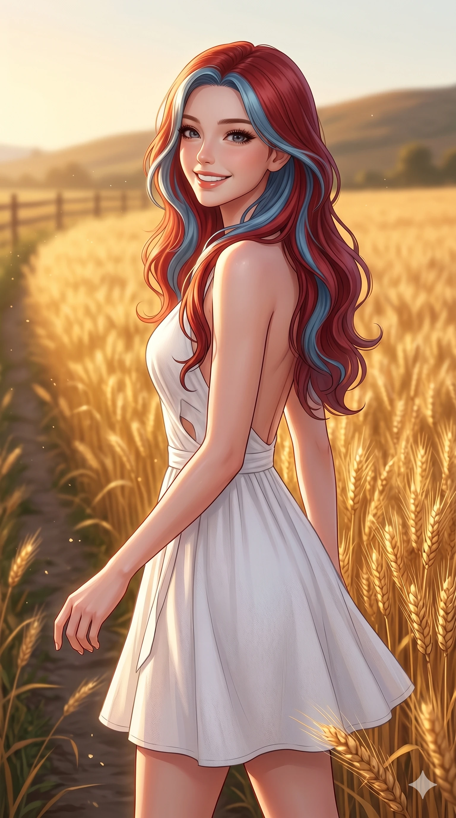 score_9, masterpiece, best quality, ultra-detailed, high-budget anime keyframe, editorial fashion photography, tasteful artistic composition, Caucasian woman, strictly human ears. cowboy shot from the thighs up, character and outfit filling the frame for maximum editorial presence. turning around with a bright, happy smile, her eyes full of warmth walking near a wheat field glowing golden in the sunlight. She has an absolutely perfect 8-heads proportion, an exceptionally tall and slender female figure with impossibly long slender legs and an ultra-slim waist. V-shaped jawline, high-bridge nose, intricate jewel-like eyes with depth, thick eyelashes, glossy lips with a natural sheen. wearing a white cotton wrap dress with a tasteful keyhole cutout and bare back. drenched in morning sunlight casting a soft, clean glow over the wheat field. 2k, ultra detail, master piece, 9:16 ratio