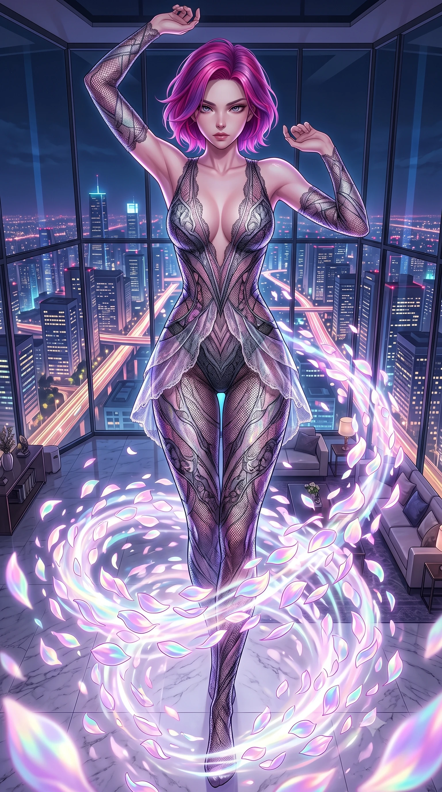 score_9, masterpiece, best quality, ultra-detailed, High-budget Anime Keyframe, Caucasian woman, strictly human ears. Low angle cowboy shot filling the entire 9:16 frame with her statuesque presence. Scenario 273: dissolving into a cloud of iridescent silk petals inside a luxury penthouse with floor-to-ceiling glass walls overlooking a neon grid. Her presence is magnetic and overpowering in this high-budget anime scene. Outfit 273: a form-contouring micro-mesh lace second with a plunging V-neckline and translucent layers. The clothing is designed to emphasize her exceptionally tall and slender 8-heads proportion. 8-heads proportion, towering silhouette, ultra-slim waist. sharp v-shaped jawline, intricate jewel-like eyes with depth, thick eyelashes, glossy lips. 2k, ultra detail, master piece, 9:16 ratio