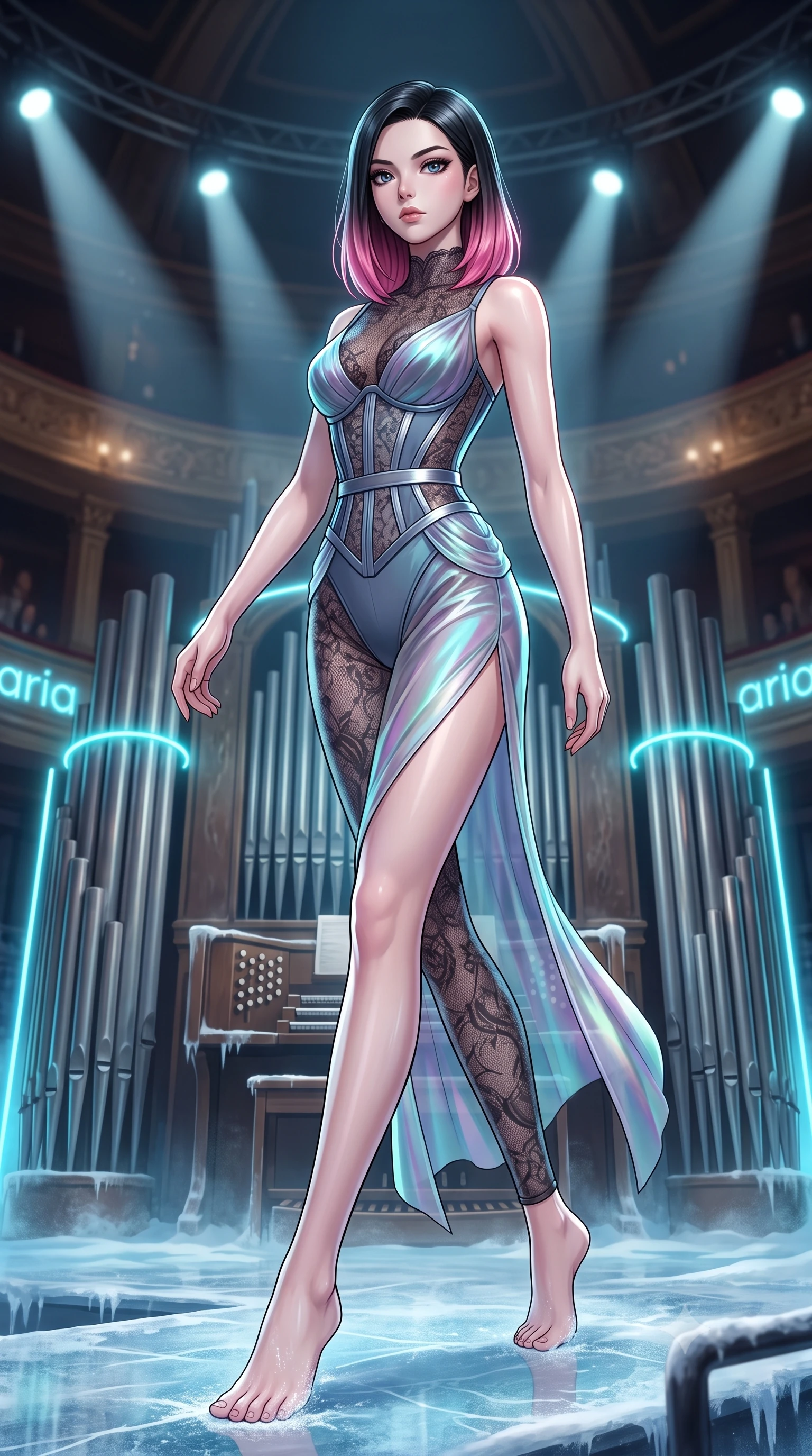 score_9, masterpiece, best quality, ultra-detailed, high-budget anime keyframe, editorial fashion photography, tasteful artistic composition, Korean woman. low angle full-body shot from head to toe showing her feet, filling the entire 9:16 vertical frame with her statuesque presence, stretching her vertical silhouette. stepping forward in a proud dynamic stride, her vertical silhouette filling the frame with statuesque presence while leaping across a frozen pipe organ stage as cyan neon aria lights pulse rhythmically, dramatic opera spotlights casting sharp dynamic shadows across the frozen stage. She has an absolutely perfect, statuesque 8.5-heads proportion, an exceptionally tall and slender model-like female figure with impossibly long slender legs and an ultra-slim waist. sharp v-shaped jawline, high-bridge nose, intricate jewel-like eyes with depth, thick eyelashes, glossy lips with a natural sheen, flawlessly proportioned anatomical accuracy, natural body alignment, perfectly sculpted elegant limbs, clean dynamic posture without body distortion. wearing a sheer dark lace pattern bodysuit with structured corsetry boning in slate blue and metallic silver, crafted from iridescent chiffon that shifts colors in the light, finished with a sleek side slit ascending to mid-thigh, the glove-like fit emphasizing her statuesque silhouette during motion. illuminated by dramatic opera key lights with ultra-bright specular highlights. highly saturated vibrant anime colors, detailed shading with soft gradients, rich glossy textures, high-contrast stereoscopic depth, volumetric dynamic lighting, master piece, 9:16 ratio