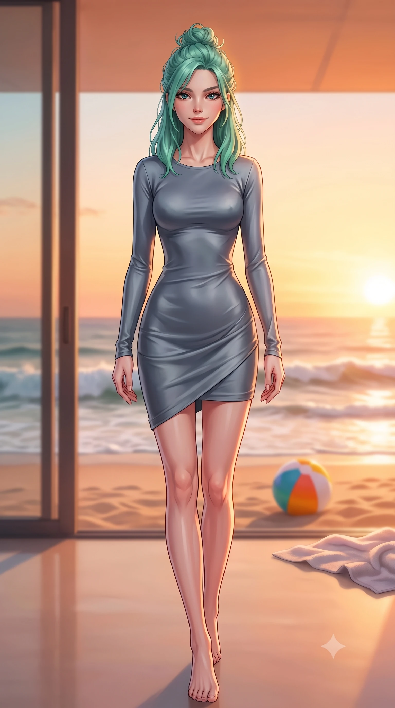 score_9, masterpiece, best quality, ultra-detailed, high-budget anime keyframe, editorial fashion photography, tasteful artistic composition, Japanese woman. low angle full-body shot from head to toe showing her feet, filling the entire 9:16 vertical frame with her statuesque presence, stretching her vertical silhouette. stepping forward with an alluring, magnetic smile, her graceful posture highlighting her statuesque silhouette set against a soft-focus background of inside a modern glass beach house looking out at the ocean waves with a colorful beach ball and a soft cotton towel on the sand nearby. She has an absolutely perfect, statuesque 8.5-heads proportion, an exceptionally tall and slender model-like female figure with impossibly long slender legs and an ultra-slim waist. sharp v-shaped jawline, high-bridge nose, intricate jewel-like eyes with depth, thick eyelashes, glossy lips with a natural sheen. wearing slim-fit body-hugging long-sleeve silk dress in slate grey, following her form elegantly. golden hour sunset casting a warm, romantic orange wash over the beach. highly saturated vibrant anime colors, detailed shading with soft gradients, rich glossy textures, high-contrast stereoscopic depth, volumetric dynamic lighting, master piece, 9:16 ratio