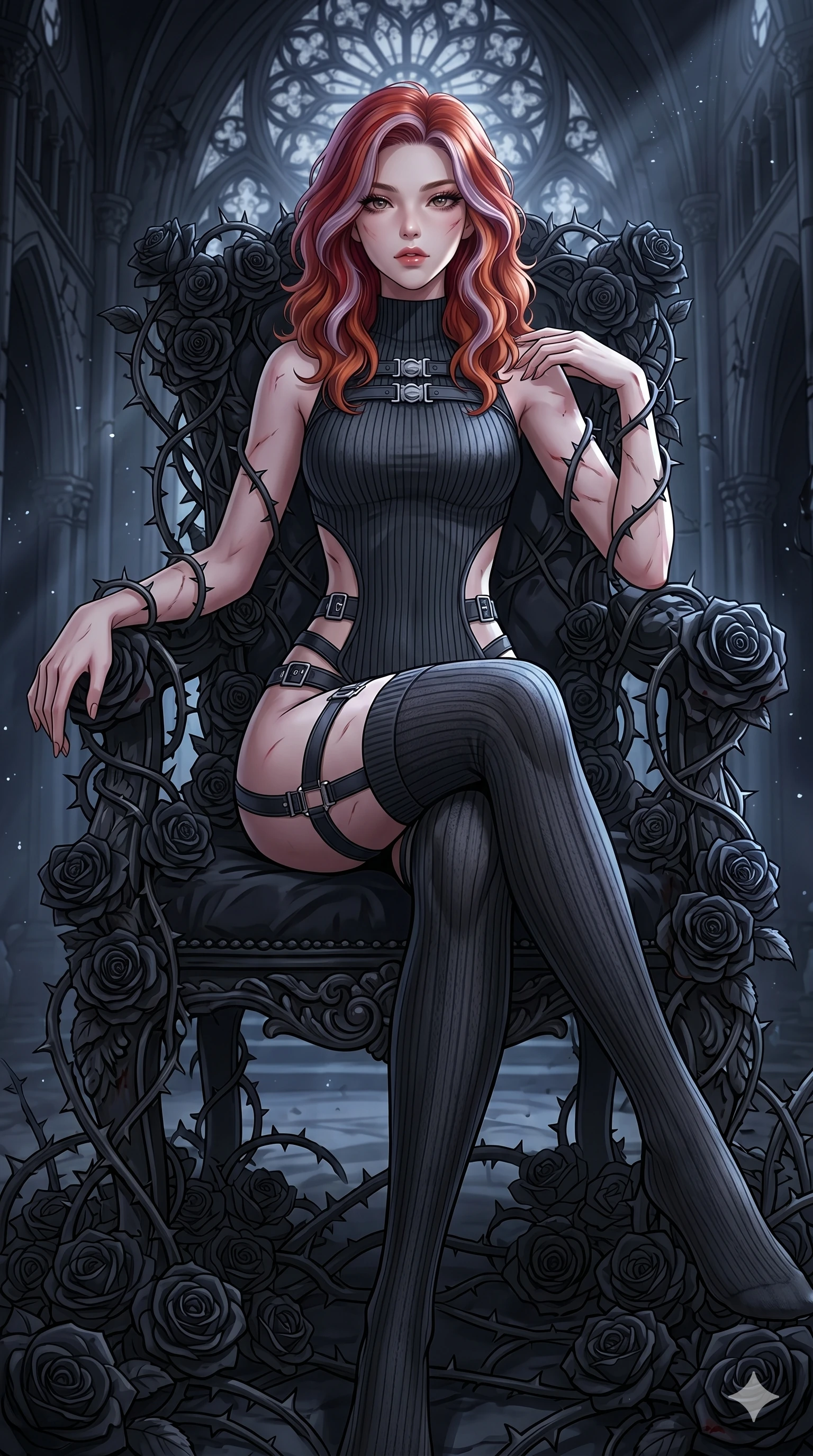 score_9, masterpiece, best quality, ultra-detailed, High-budget Anime Keyframe, East Asian woman. Dynamic full-body shot stretching the vertical silhouette to the limit. Scenario 50: Resting on a throne of black roses, thorns grazing her skin. Her presence is magnetic and overpowering in this high-budget anime scene. Outfit 50: A ribbed bodycon knit garter with a strategic side cut-outs and metallic buckles. The clothing is designed to emphasize her exceptionally tall and slender 8-heads proportion. 8-heads proportion, towering silhouette, ultra-slim waist. sharp v-shaped jawline, intricate jewel-like eyes with depth, thick eyelashes, glossy lips. 2k, ultra detail, master piece, 9:16 ratio