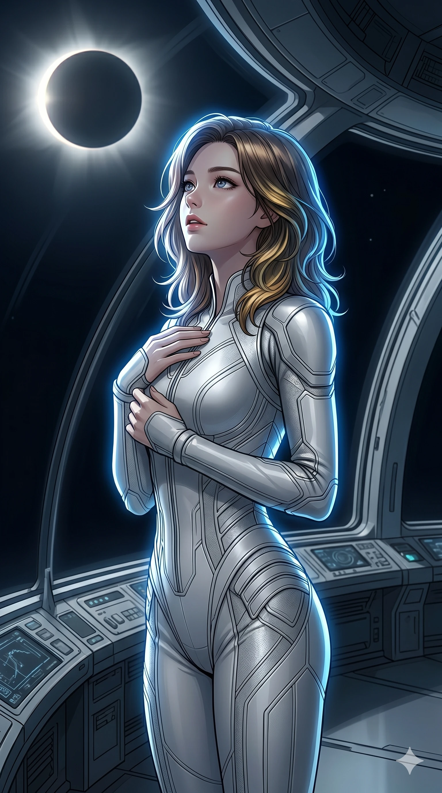 score_9, masterpiece, best quality, ultra-detailed, high-budget anime keyframe, Korean woman. Upper body close-up from the thighs up, character filling the screen for maximum presence. Inside a biotech dome observation deck during a solar eclipse, watching the eclipse with an awe-struck, serene expression. She is wearing a sleek white and silver jumpsuit with structured shoulder panels. The scene is bathed in the dramatic silver light of the eclipse and a sharp blue rim light. 2k, ultra detail, master piece, 9:16 ratio