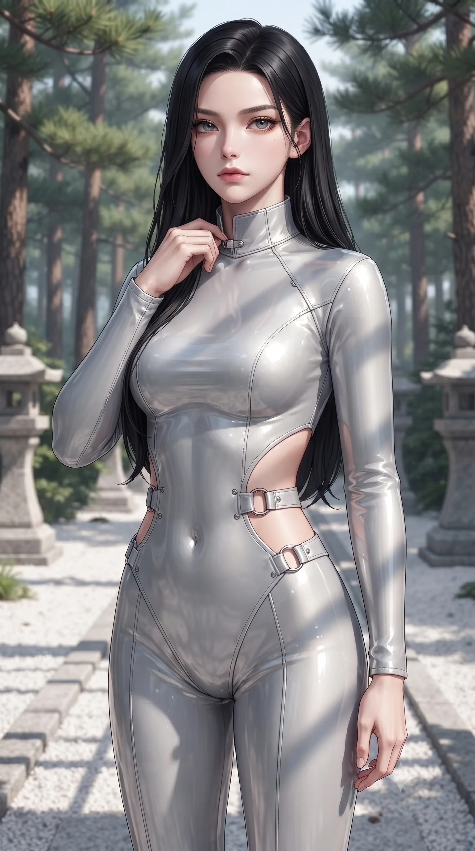score_9, masterpiece, best quality, ultra-detailed, high-budget anime keyframe, editorial fashion photography, tasteful artistic composition, Korean woman. close-up cowboy shot from the waist and thighs up, the character dominates the composition, filling the frame with her large presence, background elements kept in soft focus. adjusting the high collar of her body-hugging suit, looking past the camera with quiet, sharp focus and a composed expression, the background shows a soft-focus a pine forest path with white sand gravel and structured stone lanterns. She has an exceptionally elegant, slender, and willowy female figure with an ultra-slim waist, a gracefully sculpted slender torso, and a refined silhouette. sharp v-shaped jawline, high-bridge nose, intricate jewel-like eyes with depth, thick eyelashes, glossy lips with a natural sheen. wearing a tailored light carbon-plate combat bodysuit featuring dramatic geometric open-waist cutouts framed by chrome ring hardware. crisp morning sunlight casting sharp, clean grid shadows across the sand. ultra-reflective glossy finish, specular highlights, metallic sheen, high-contrast stereoscopic depth, volumetric dynamic lighting, 2k, ultra detail, master piece, 9:16 ratio
