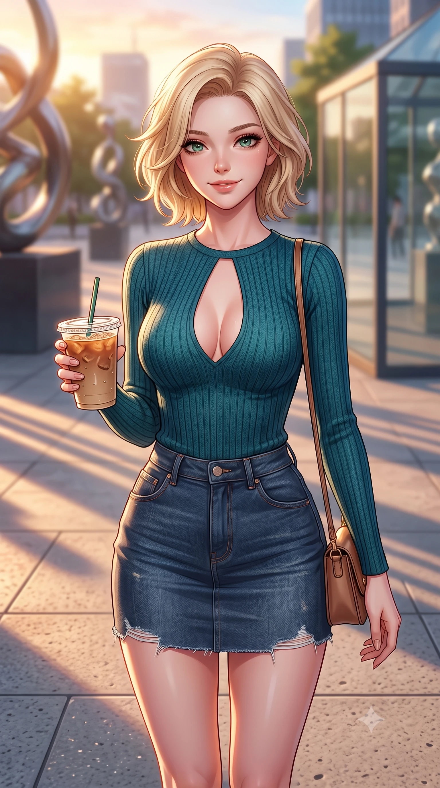 score_9, masterpiece, best quality, ultra-detailed, high-budget anime keyframe, editorial fashion photography, tasteful artistic composition, Caucasian woman. close-up cowboy shot from the waist and thighs up, the character dominates the composition, filling the frame with her large presence, background elements kept in soft focus. smiling warmly with a soft, affectionate expression, making cute eye contact set against a soft-focus background of in a vibrant fashion square with modern sculptures and glass pavilions holding a trendy paper cup of iced coffee and a small leather purse. She has an exceptionally elegant, slender, and willowy female figure with an ultra-slim waist, a gracefully sculpted slender torso, and a refined silhouette. sharp v-shaped jawline, high-bridge nose, intricate jewel-like eyes with depth, thick eyelashes, glossy lips with a natural sheen. wearing tailored form-contouring ribbed knit top with a plunging keyhole cutout, paired with a dark denim mini skirt. golden hour sunset light casting long shadow lines on the concrete pavement. highly saturated vibrant anime colors, detailed shading with soft gradients, rich glossy textures, high-contrast stereoscopic depth, volumetric dynamic lighting, master piece, 9:16 ratio