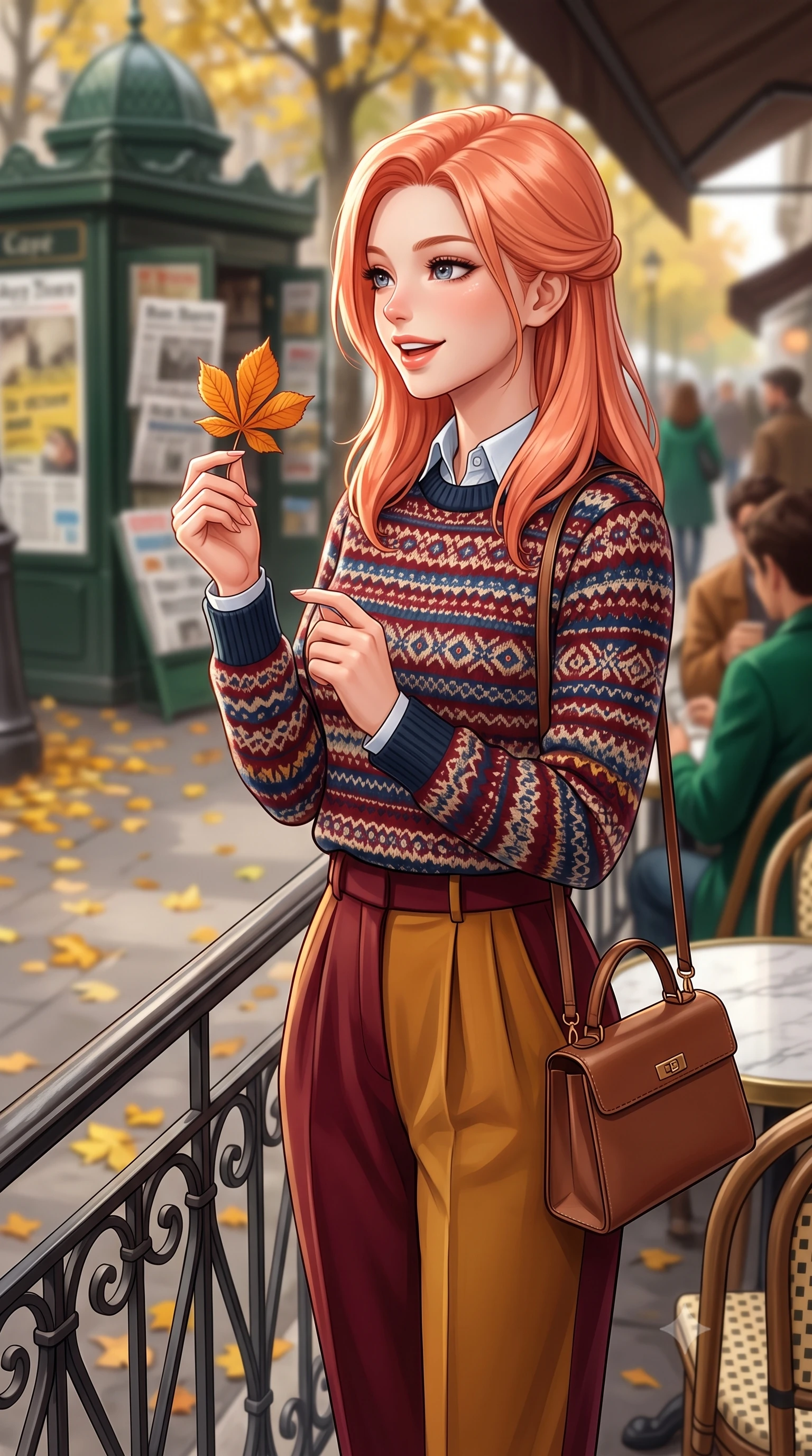 score_9, masterpiece, best quality, ultra-detailed, high-budget anime keyframe, semi-realistic 3D game render, editorial fashion photography, tasteful artistic composition, Japanese woman. close-up cowboy shot from the waist and thighs up, the character dominates the composition, filling the frame with her large presence. holding a single autumn leaf delicately between manicured fingers, admiring it with a cheerful, parted-lip smile while standing beside the wrought-iron café railing looking out over Boulevard Saint-Germain, turning with playful coquettish charm. The background shows a soft-focus bustling Parisian boulevard with vintage green newspaper kiosks, yellow chestnut leaves on pavement, and café patrons blurred into emerald, amber, and espresso bokeh. She has an exceptionally elegant, slender, and willowy female figure with an ultra-slim waist, flat toned midriff, narrow ribcage, and sculpted feminine hips creating an alluring, slim hourglass silhouette without bulk. sharp v-shaped jawline, high-bridge nose, intricate jewel-like sparkling eyes with depth, thick eyelashes, glossy parted lips with a natural peach sheen, bright cheerful beaming smile with an enchanting and coquettish sensual glint, exuding both youthful cute charm and seductive allure, flawlessly proportioned anatomical accuracy, strict slender model proportions, natural body alignment, perfectly sculpted long slender limbs, ultra-slim waistline, clean dynamic posture without body distortion. wearing a Fair Isle patterned lambswool knit sweater layered over an Oxford button-down shirt with pleated wool trousers in rich Oxford burgundy and golden amber, woven from fine Australian merino wool with a smooth fluid drape and subtle sheen, finished with a structured leather top-handle mini bag resting gracefully at her side, the expertly draped wool fabric falling in crisp fluid lines along her tall 8.5-heads silhouette, celebrating her slender frame without excess fabric bulk. illuminated by zinc counter and marble tabletop bounce with delicate platinum rim lights sculpting her features and slender waist. highly saturated vibrant anime colors, detailed shading with soft gradients, rich glossy textures, high-contrast stereoscopic depth, volumetric dynamic lighting, master piece, 9:16 ratio