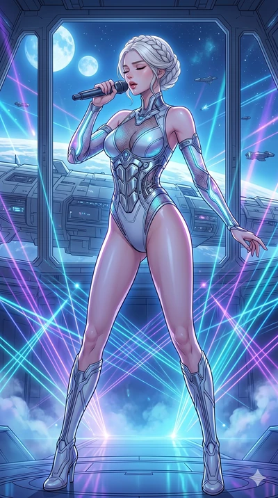 score_9, masterpiece, best quality, ultra-detailed, high-budget anime movie keyframe, cinematic anime lighting, intricate line art, Japanese woman. Medium shot of upper body capturing the intricate details of her high-fashion attire. singing on a las