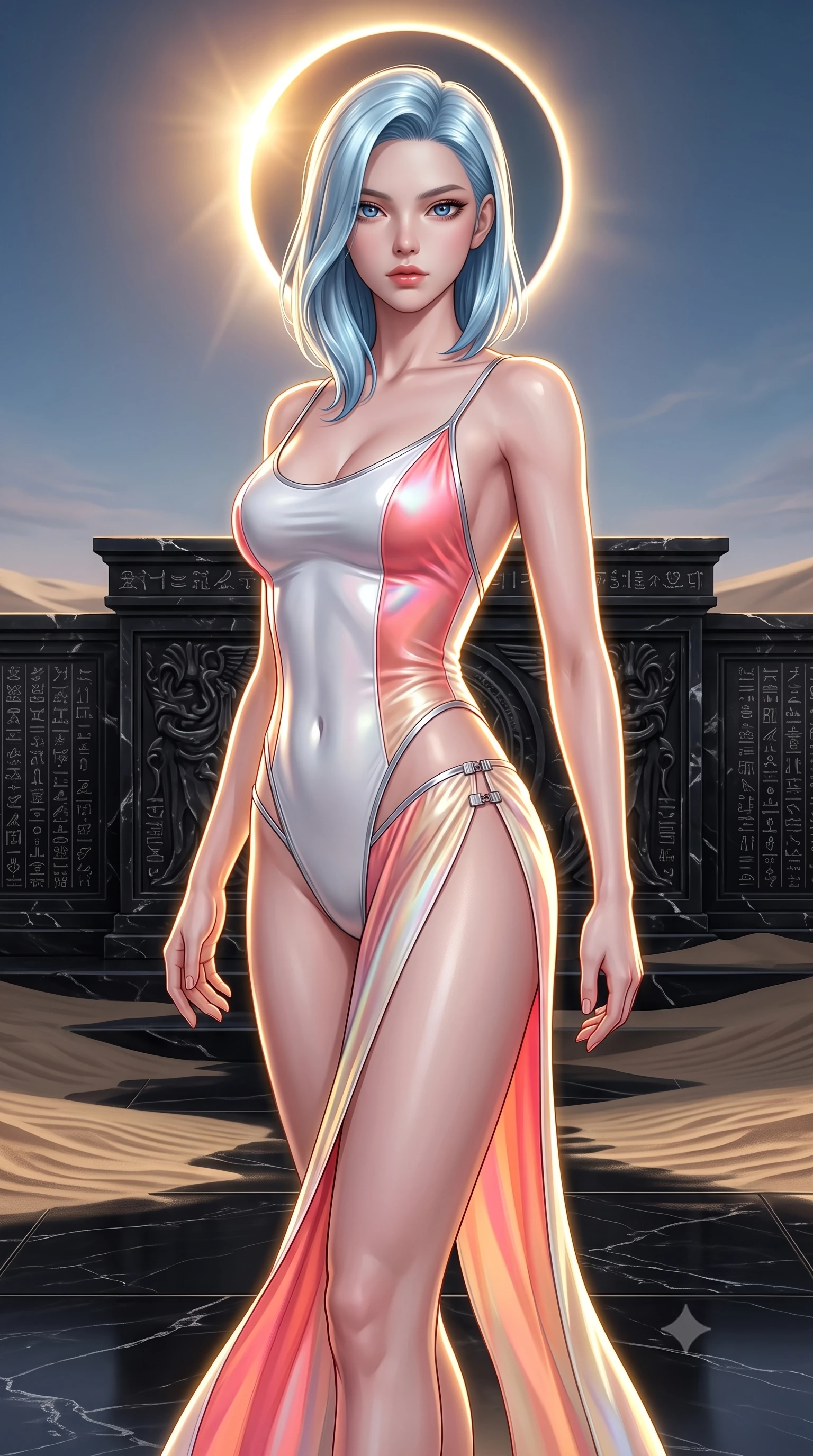 score_9, masterpiece, best quality, ultra-detailed, high-budget anime keyframe, semi-realistic 3D game render, editorial fashion photography, tasteful artistic composition, Korean woman. close-up cowboy shot from the waist and thighs up, the character dominates the composition, filling the frame with her large presence. gazing directly into the lens with bedroom eyes and a breathtaking, dangerous allure that commands the entire composition while pivoting dynamically on a polished obsidian plaza as the glowing solar corona casts dramatic golden rim light across her torso. The surrounding environment is rendered in vivid detail and crisp panoramic clarity. intricate black marble altar carvings, wind-swept sand ripples, and razor-sharp eclipse ring in high clarity. She has an exceptionally elegant, slender, and willowy female figure with an ultra-slim waist, a gracefully sculpted slender torso, toned flat midriff, and a refined slim silhouette. sharp v-shaped jawline, high-bridge nose, intricate jewel-like eyes with depth, thick eyelashes, glossy lips with a natural sheen, flawlessly proportioned anatomical accuracy, strict slender model proportions, natural body alignment, perfectly sculpted long slender limbs, ultra-slim waistline, clean dynamic posture without body distortion. wearing a second-skin white liquid-mercury micro-bodysuit sculpted tightly to her slender build, featuring razor-thin metallic straps and hip cutouts in radiant coral pink and champagne ivory, made of smooth iridescent silk chiffon that shifts colors with movement, finished with an ultra-high side slit secured by miniature magnetic clasps, the form-contouring material adhering flawlessly to her sculpted flat midriff and slender torso, emphasizing her long leg lines and perfectly proportioned willowy build. illuminated by sharp golden rim lights tracing her ultra-slim waist, long legs, and sculpted collarbones. highly saturated vibrant anime colors, detailed shading with soft gradients, rich glossy textures, high-contrast stereoscopic depth, volumetric dynamic lighting, master piece, 9:16 ratio