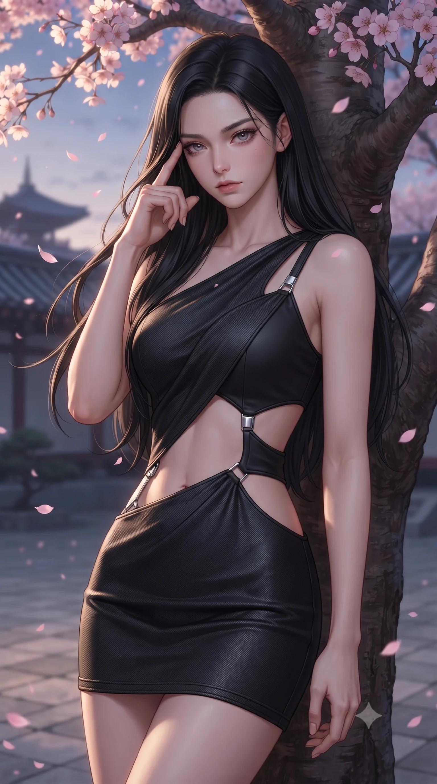 score_9, masterpiece, best quality, ultra-detailed, high-budget anime keyframe, editorial fashion photography, tasteful artistic composition, Korean woman. close-up cowboy shot from the waist and thighs up, the character dominates the composition, filling the frame with her large presence, background elements kept in soft focus. Pressing two fingers to her temple in a composed thoughtful gesture with an air of magnetic charisma resting against a courtyard cherry blossom tree as pink petals rain softly around her, soft evening breeze swaying her long hair gracefully against the skyline. She has an exceptionally elegant, slender, and willowy female figure with an ultra-slim waist, a gracefully sculpted slender torso, and a refined silhouette. sharp v-shaped jawline, high-bridge nose, intricate jewel-like eyes with depth, thick eyelashes, glossy lips with a natural sheen. wearing a dramatic open-waist cutout mini dress framed by sculptural hardware in matte black and polished silver, made of fine carbon-fiber weave and soft matte leather, featuring subtle geometric cutouts that highlight her ultra-slim midriff, the elegant draped fit framing her graceful clavicle and slender torso. surrounded by a serene, nostalgic golden aura with soft backlighting. ultra-reflective glossy finish, specular highlights, metallic sheen, high-contrast stereoscopic depth, volumetric dynamic lighting, 2k, ultra detail, master piece, 9:16 ratio