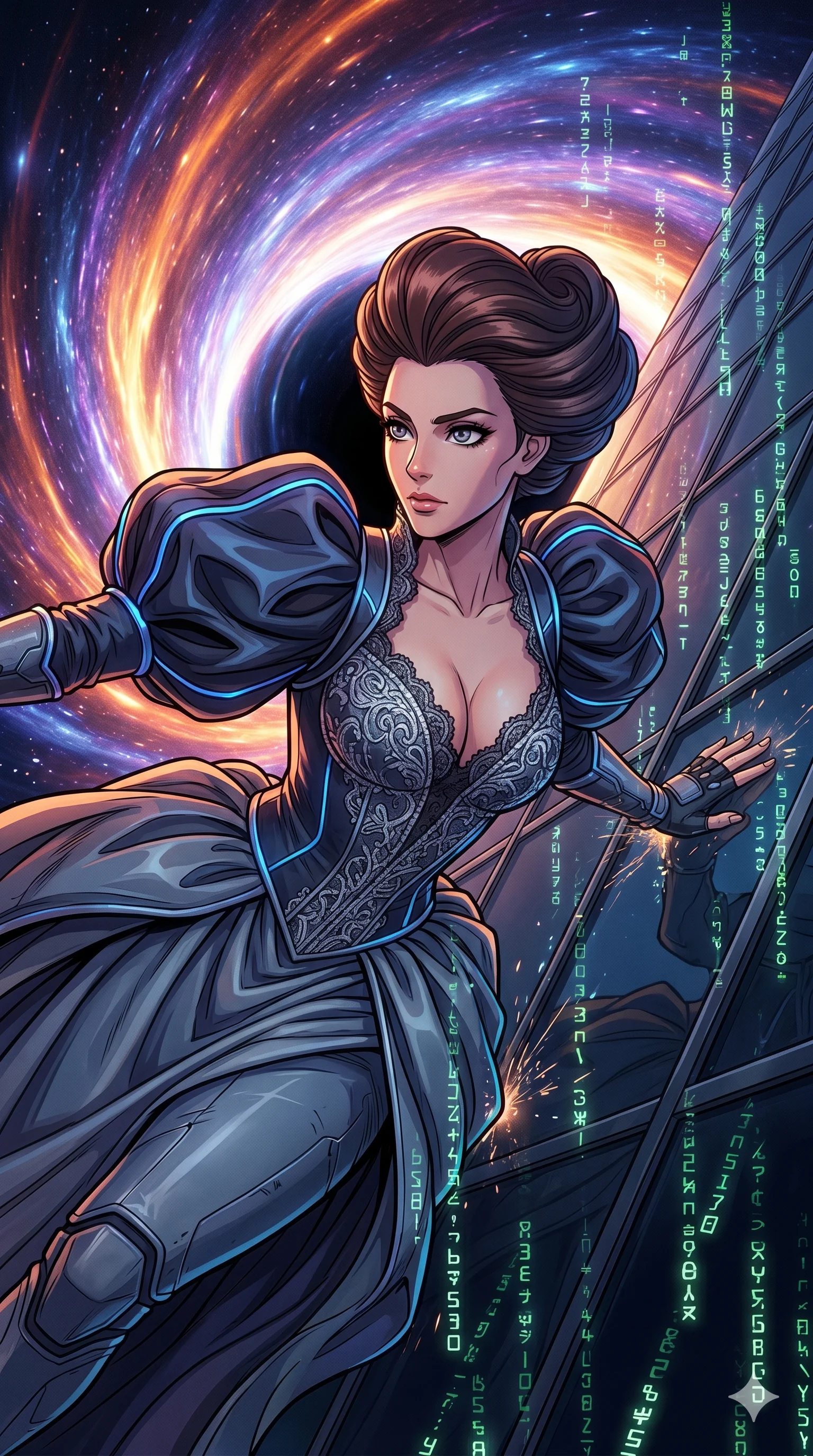 score_9, masterpiece, best quality, ultra-detailed, Set A: High-budget Anime Keyframe, Caucasian (human ears) woman. Upper body close-up from the thighs up, character filling the screen for maximum presence. Theme: Historical Remix. sliding down a glass skyscraper in the edge of a black hole, as a digital rain of 127 symbols washes over her. The atmosphere is filled with a swirling vortex of stars. She has an absolutely perfect 8-heads proportion, an exceptionally tall and slender female figure with impossibly long slender legs and an ultra-slim waist. Sharp v-shaped jawline, high-bridge nose, intricate jewel-like eyes with depth, glossy lips. Wearing Futuristic court-lady gown with massive sleeves and a deep-cut lace bodice. Cinematic lighting, vivid colors, dramatic shadows, 2k, ultra detail, master piece, 9:16 ratio