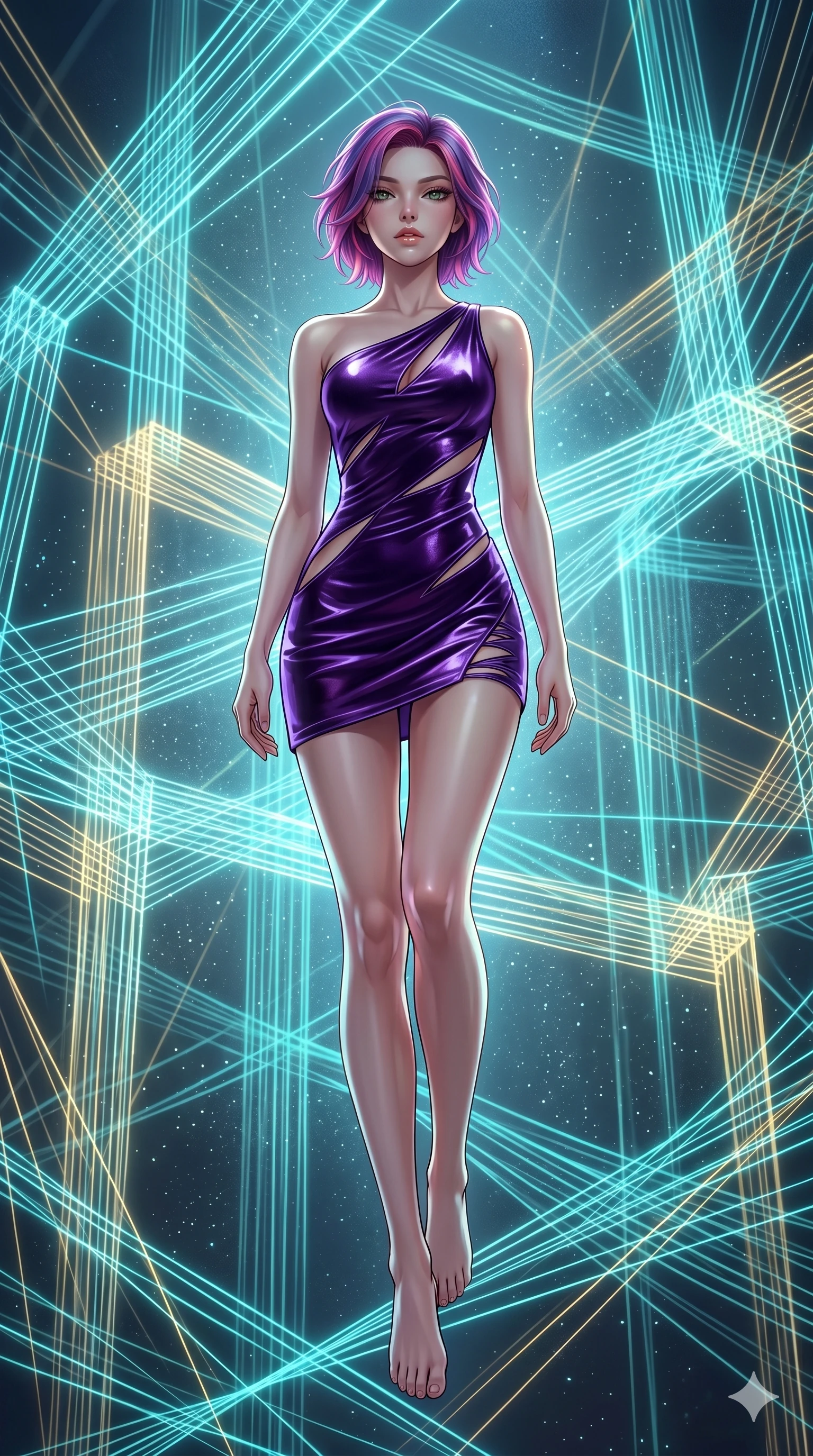 score_9, masterpiece, best quality, ultra-detailed, high-budget anime keyframe, Korean woman. low angle full-body shot filling the entire 9:16 frame with her statuesque presence, stretching the vertical silhouette. floating suspended in an ethereal loom room where millions of luminescent cyan and gold threads intersect and weave geometric patterns. She has an absolutely perfect 8-heads proportion, an exceptionally tall and slender female figure with impossibly long slender legs and an ultra-slim waist. V-shaped jawline, high-bridge nose, intricate jewel-like eyes with depth, thick eyelashes, glossy lips with a natural sheen.. wearing an asymmetric liquid velvet slip dress, featuring a wet-look deep purple velvet one-shoulder mini slip with slanted slashed cutouts. illuminated by dramatic chiaroscuro casting soft shadows along her curves, with vibrant backlighting highlighting the dust particles. 2k, ultra detail, master piece, 9:16 ratio