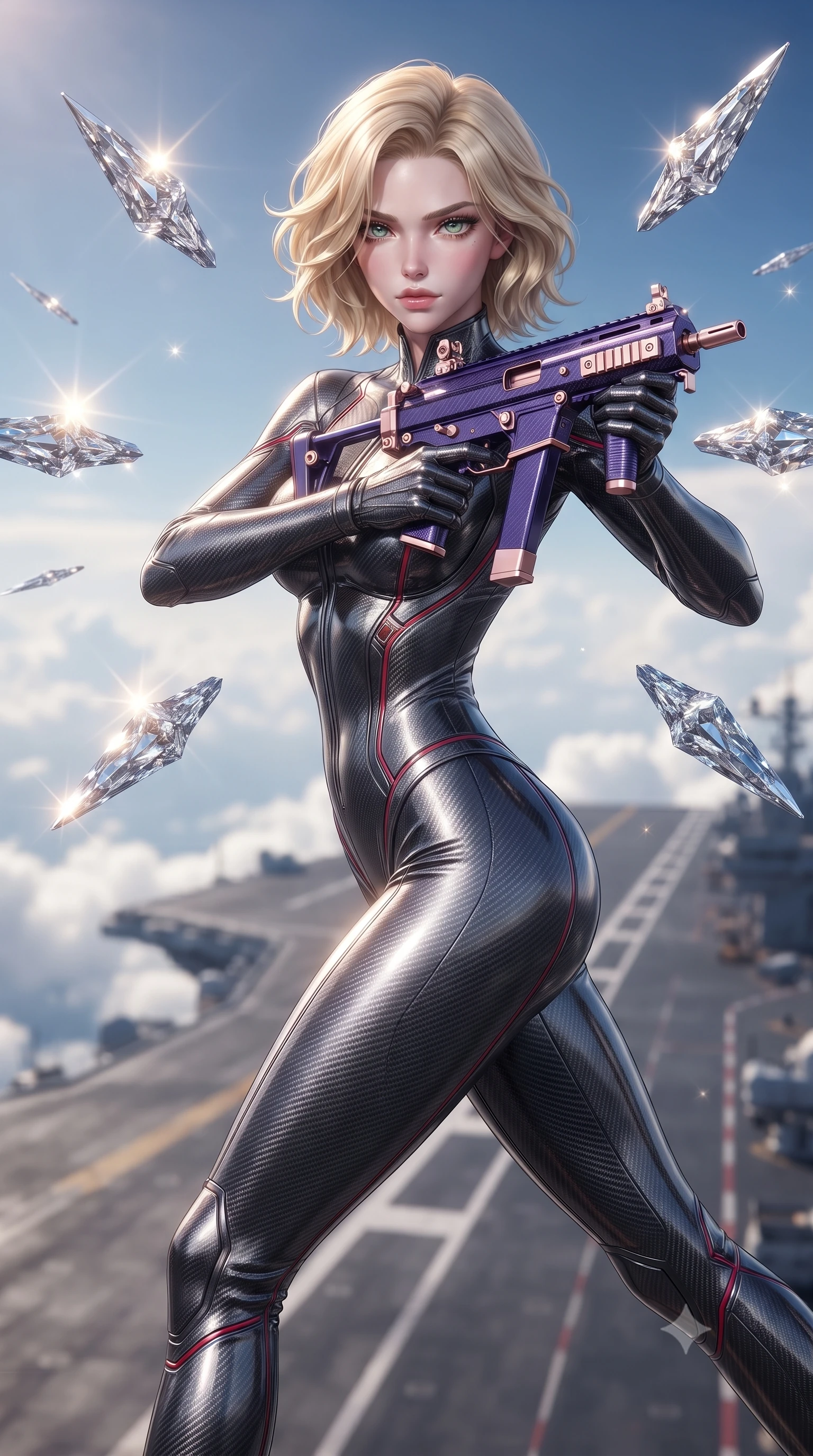 score_9, masterpiece, best quality, ultra-detailed, high-budget anime keyframe, editorial fashion photography, tasteful artistic composition, Caucasian woman. close-up cowboy shot from the waist and thighs up, the character dominates the composition, filling the frame with her large presence. twisting her upper body in a dynamic S-curve combat stance, one hand steadying her weapon with commanding supermodel allure while striding commanding down the flight deck of a flying super-carrier above the clouds as eight floating nano-crystal funnel blades orbit her. The composition keeps background elements in soft focus with creamy bokeh. glistening nano-crystal blade facets scattering bright sun glints across a breathtaking sky backdrop. She has an exceptionally elegant, slender, and willowy female figure with an ultra-slim waist, a gracefully sculpted slender torso, toned flat midriff, and a refined slim silhouette. sharp v-shaped jawline, high-bridge nose, intricate jewel-like eyes with depth, thick eyelashes, glossy lips with a natural sheen, flawlessly proportioned anatomical accuracy, strict slender model proportions, natural body alignment, perfectly sculpted long slender limbs, ultra-slim waistline, clean dynamic posture without body distortion. wearing a second-skin dark gunmetal carbon-weave battle-suit with crimson laser conduits, brandishing a sleek high-tech composite submachine weapon with effortless allure in royal purple carbon fiber with rose-gold hardware and clasps, crafted from ultra-strong woven carbon-fiber composite with a satin luster, detailed with magnetic weapon holsters and polished chrome connection clasps, the liquid-tight tailored fabric emphasizing every curve of her tall, slender model proportions and sculptured silhouette during dynamic movement. surrounded by an elevated, supreme, and radiantly commanding aerospace goddess aura. ultra-reflective glossy finish, specular highlights, dark metallic sheen, high-contrast stereoscopic depth, volumetric dynamic lighting, 2k, ultra detail, master piece, 9:16 ratio