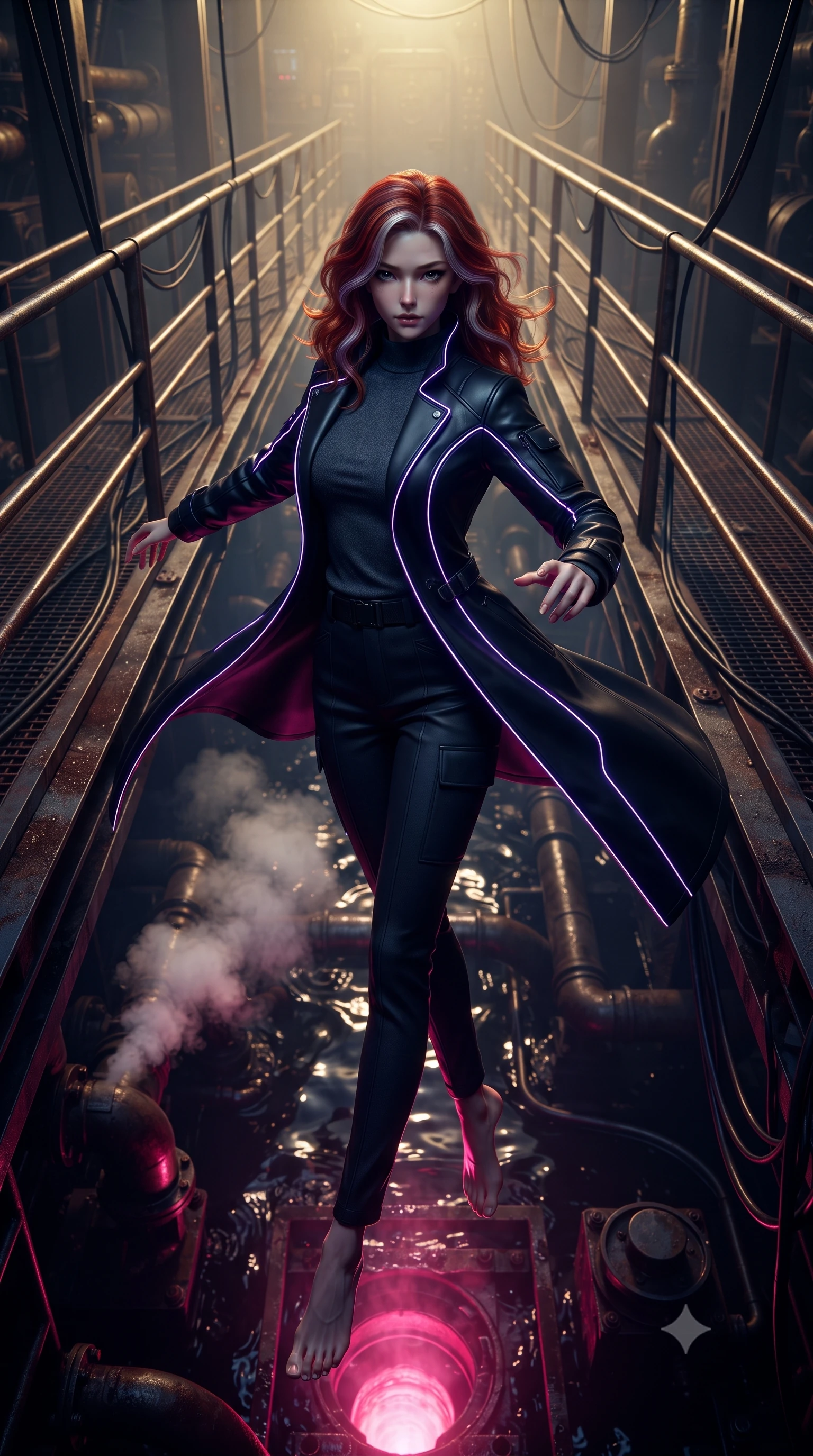 score_9, masterpiece, best quality, ultra-detailed, high-budget anime keyframe, editorial fashion photography, tasteful artistic composition, realistic cosplay photography, Caucasian woman, strictly human ears. low angle full-body shot from head to toe showing her feet, filling the entire 9:16 vertical frame with her statuesque presence, stretching her vertical silhouette. spinning mid-air in zero gravity to shoot in multiple directions, her silhouette stretched within a narrow steel catwalk suspended over a pool of dark machinery oil, hot steam escaping from industrial pipes. She has a statuesque 8.5-heads proportion, an exceptionally tall, slender and willowy model-like build with impossibly long legs and a highly sculpted ultra-slim waist. sharp v-shaped jawline, high-bridge nose, intricate jewel-like eyes with depth, thick eyelashes, glossy lips with a natural sheen. wearing tailored for maximum mobility, sleek form-contouring panels that allow fluid movement, a tailored tailored black neo-noir duster coat with integrated purple LED stitching along the seams, over a charcoal mock-neck shirt and utility slacks. dramatic contrast of hot pink furnace glow from below and cool golden light from above. ultra-reflective glossy finish, specular highlights, metallic sheen, high-contrast stereoscopic depth, volumetric dynamic lighting, 2k, ultra detail, master piece, 9:16 ratio