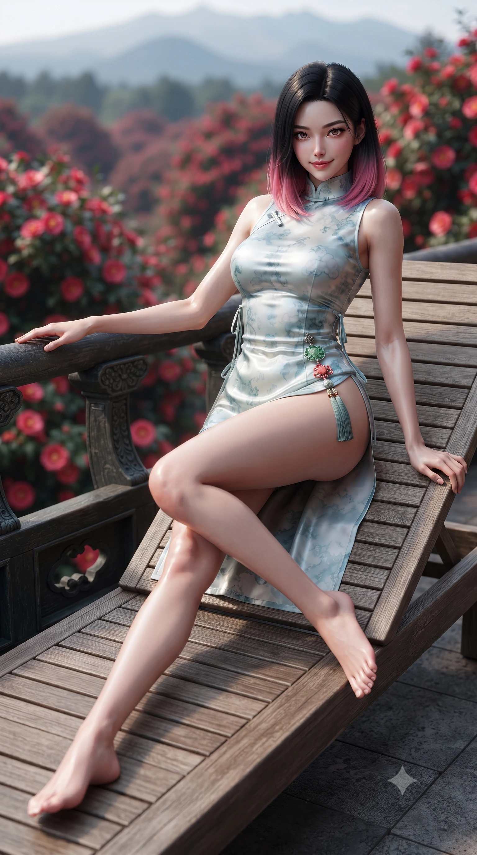 score_9, masterpiece, best quality, ultra-detailed, high-budget anime keyframe, editorial fashion photography, tasteful artistic composition, Korean woman. low angle full-body shot from head to toe showing her feet, filling the entire 9:16 vertical frame with her statuesque presence, stretching her vertical silhouette. standing in a tall, confident posture with one hand on the carved palace railing, stretching her statuesque body as she arches her lower back to emphasize her sculpted feminine hips and slender waist while lounging gracefully on an outdoor wooden sunbed with legs crossed, her modern fusion hanbok radiating fresh island sensual charm. The background shows a soft-focus thousands of blooming crimson camellia flowers and distant volcanic Hallasan slopes blurred into ruby red, emerald, and azure bokeh. She has an absolutely perfect, statuesque 8.5-heads proportion, an exceptionally tall and slender model-like female figure with impossibly long slender legs, an ultra-slim waist, a flat toned midriff, narrow delicate ribcage, and beautifully sculpted feminine hips creating a graceful, slim hourglass silhouette without any bulky heaviness. sharp v-shaped jawline, high-bridge nose, intricate jewel-like dark sparkling almond eyes with depth, thick lashes, glossy parted lips with a natural rose-plum sheen, bright alluring and coquettish smile with bedroom-eyes, exuding both timeless oriental elegance and sovereign high-fashion allure, flawlessly proportioned anatomical accuracy, strict slender model proportions, natural body alignment, perfectly sculpted long slender limbs, ultra-slim waistline, clean dynamic posture without body distortion. wearing a form-contouring sleeveless turtleneck mini dress in liquid silk satin with subtle side hip ties and high slits in pure celadon porcelain blue and cloud white, tailored from sheer gossamer silk organza with an airy weightless flutter, finished with an ornate modern norigae tassel with polished jade and chrome charms resting on her curvy hips, the high-waisted wrap tailoring accentuating her ultra-slim waistline and the enchanting curve of her feminine hips with alluring oriental charm. illuminated by black stone bounce and sharp amber rim lights defining her sculpted collarbones, ultra-slim waist, and curvy hips. ultra-reflective glossy finish, specular highlights, rich textural contrasts, high-contrast stereoscopic depth, volumetric dynamic lighting, 2k, ultra detail, master piece, 9:16 ratio