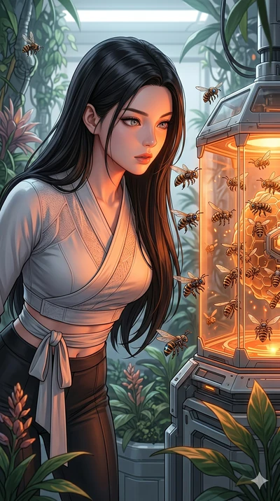 score_9, masterpiece, best quality, ultra-detailed, high-budget anime keyframe, Korean woman. Upper body close-up from the thighs up, character filling the screen for maximum presence. Inside a biotech garden next to a glass hive of robotic bees, wat