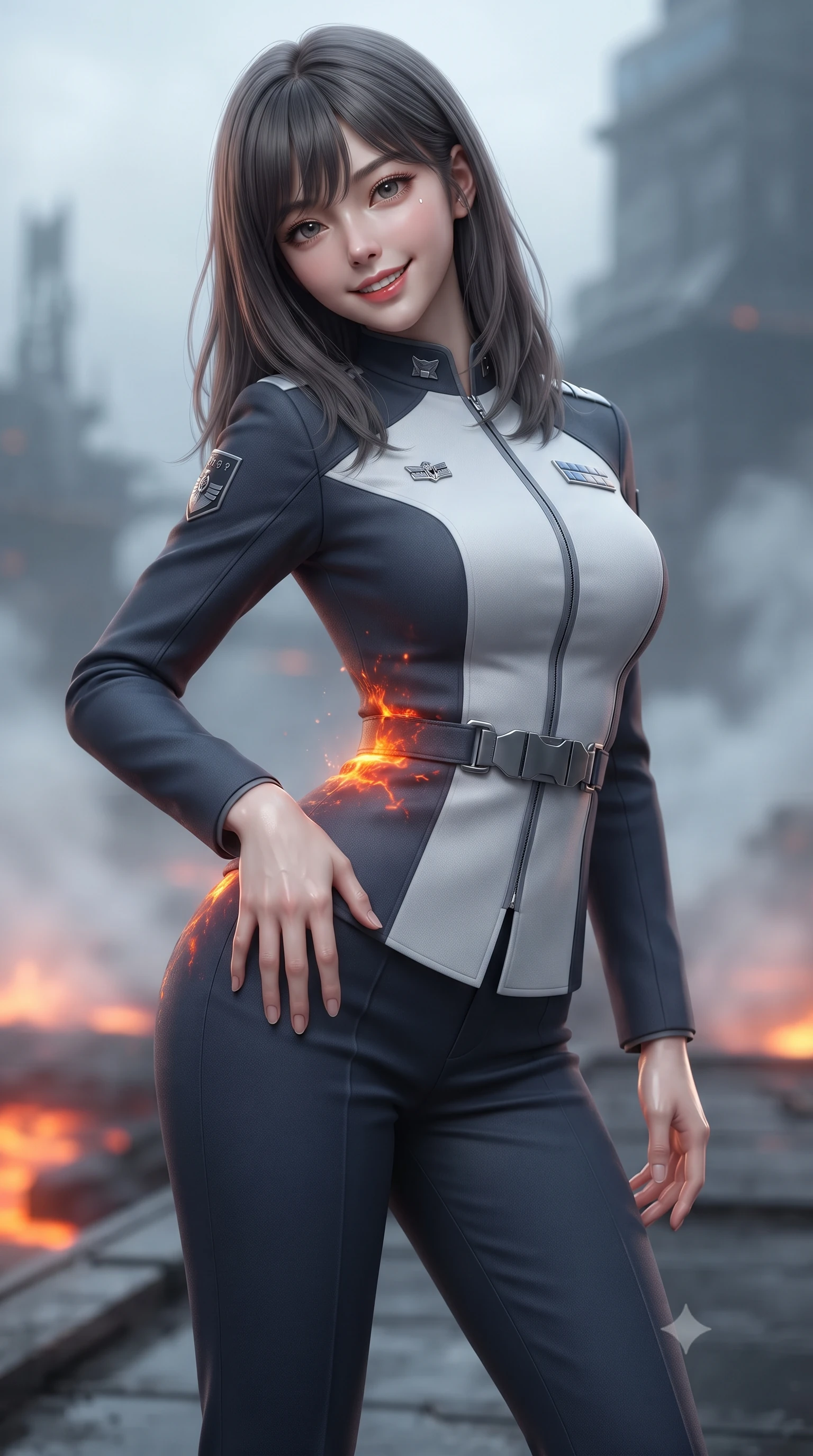 score_9, masterpiece, best quality, ultra-detailed, high-budget anime keyframe, editorial fashion photography, tasteful artistic composition, Korean woman. close-up cowboy shot from the waist and thighs up, the character dominates the composition, filling the frame with her large presence. tilting her head with a teasing half-smile, running one hand slowly down the side of her hip in a flirtatious S-curve as ambient light caresses her silhouette while twisting her slender torso in an alluring contrapposto stance beside the molten rock cooling channel, searing orange magma light dancing across her narrow waist and curvy hips. The background shows a soft-focus sulfur-scented volcanic mist softened in offshore geothermal fortress shallow focus. She has an exceptionally elegant, slender, and willowy female figure with an ultra-slim waist, flat toned midriff, narrow ribcage, and sculpted feminine hips creating an alluring, slim hourglass silhouette without bulk. sharp v-shaped jawline, high-bridge nose, intricate jewel-like sparkling eyes with depth, thick eyelashes, glossy parted lips with a natural peach sheen, bright cheerful beaming smile with an enchanting and coquettish sensual glint, exuding both youthful cute charm and seductive allure, flawlessly proportioned anatomical accuracy, strict slender model proportions, natural body alignment, perfectly sculpted long slender limbs, ultra-slim waistline, clean dynamic posture without body distortion. wearing a tailored orbital colony command uniform in dark grey and white paneling with rank insignia pins and tailored straight-leg trousers in pristine orbital navy white and silver starlight, crafted from bespoke double-faced cashmere with an exceptionally soft tactile finish, finished with sleek magnetic buckle closures fluttering in the breeze, the impeccably tailored cut draping gracefully along her slender figure with aristocratic poise. illuminated by wet basalt deck reflection bounce and sharp magma-orange rim lights sculpting her razor-sharp jawline, narrow waist, and curvy hips. ultra-reflective glossy finish, specular highlights, rich textural contrasts, high-contrast stereoscopic depth, volumetric dynamic lighting, 2k, ultra detail, master piece, 9:16 ratio
