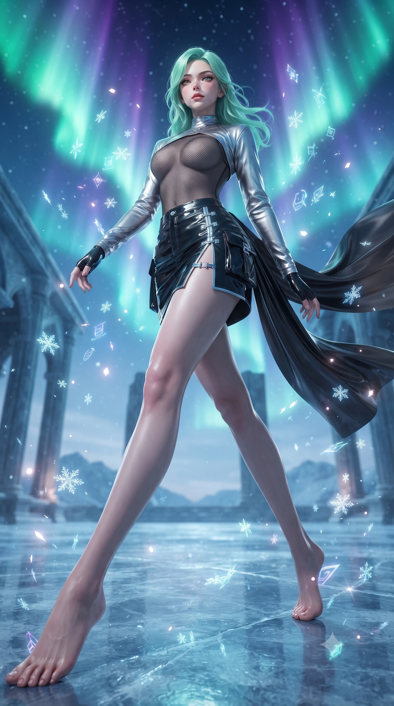 score_9, masterpiece, best quality, ultra-detailed, high-budget anime keyframe, editorial fashion photography, tasteful artistic composition, Japanese woman. low angle full-body shot from head to toe showing her feet, filling the entire 9:16 vertical frame with her statuesque presence, stretching her vertical silhouette. reclining on her side in an elegant Cleopatra pose with one knee drawn up, the dramatic contour of her rounded hips and long slender legs commanding the 9:16 vertical frame while striding across the reflective frozen stone temple floor, hips swaying in an alluring rhythm as gale-force winds whip her silk drapery. The composition keeps background elements in soft focus with creamy bokeh. drifting frost crystal flakes and holographic rune glyphs scattering radiant celestial light motes. She has an absolutely perfect, statuesque 8.5-heads proportion, an exceptionally tall and slender model-like female figure with impossibly long slender legs, a toned flat midriff, an ultra-slim waist, and beautifully sculpted feminine hips. sharp v-shaped jawline, high-bridge nose, intricate jewel-like eyes with depth, thick eyelashes, glossy parted lips with a natural sheen, intensely captivating and seductive bedroom-eyes expression, flawlessly proportioned anatomical accuracy, strict slender model proportions, natural body alignment, perfectly sculpted long slender limbs, ultra-slim waistline, clean dynamic posture without body distortion. wearing a futuristic sheer mesh bodysuit layered under a metallic silver shrug bolero and micro cargo skirt in pitch-black vinyl and specular chrome trim, made of compression knit fabric sculpting her athletic hourglass lines, accented with an ultra-high side slit secured by miniature chrome clasps, the glove-like aerodynamic silhouette tightly following the natural contour of her hips and long slender legs with statuesque precision. bathed in vibrant emerald and violet aurora backlighting from the polar sky. ultra-reflective glossy finish, specular highlights, rich textural contrasts, high-contrast stereoscopic depth, volumetric dynamic lighting, 2k, ultra detail, master piece, 9:16 ratio