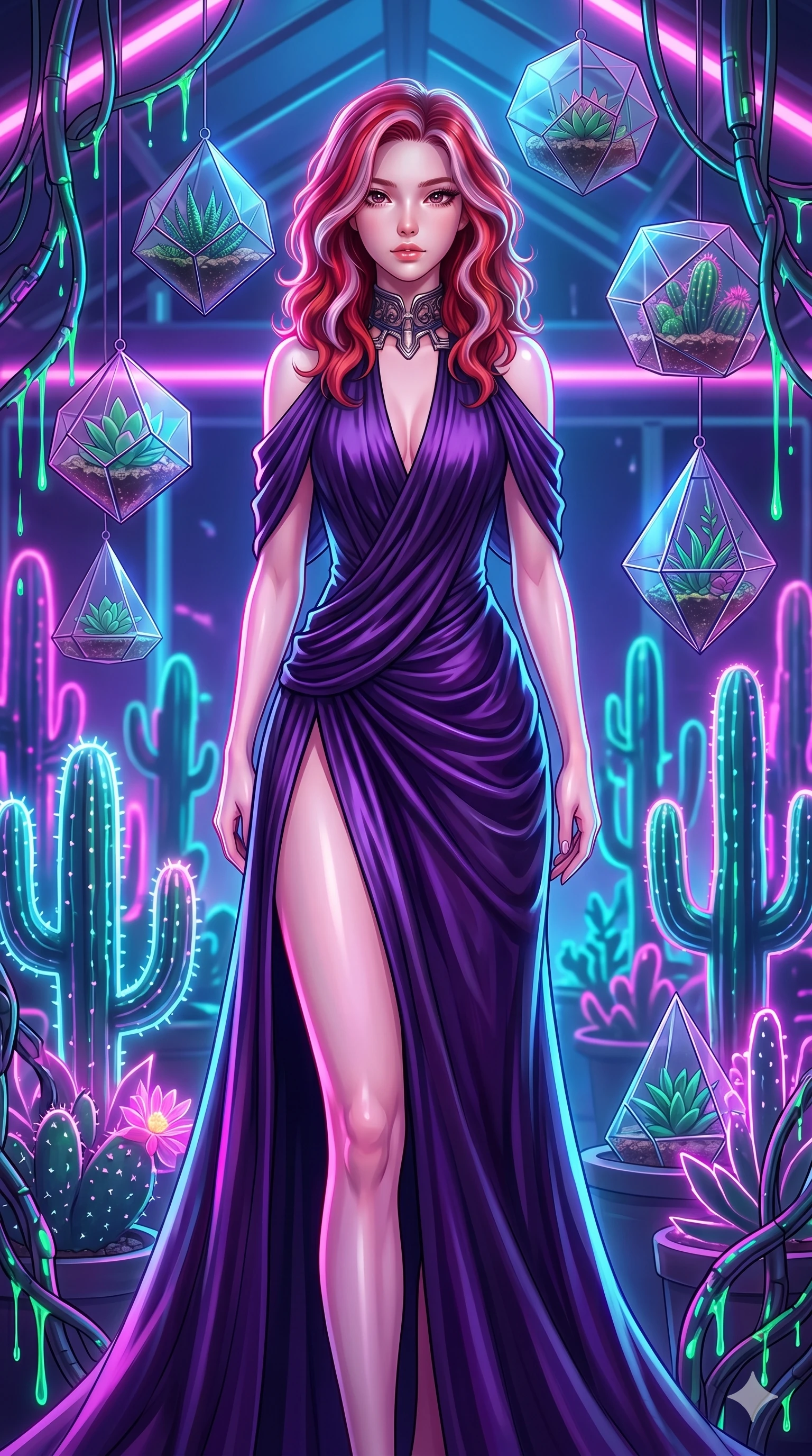 score_9, masterpiece, best quality, ultra-detailed, high-budget anime keyframe, Japanese woman. upper body close-up from the thighs up, character filling the screen for maximum presence. standing in a retro-futuristic synthwave greenhouse where glowing neon cacti and polyhedral glass terrariums float around her, while fluorescent cyber-sap drips from cybernetic vines. She has an absolutely perfect 8-heads proportion, an exceptionally tall and slender female figure with impossibly long slender legs and an ultra-slim waist. V-shaped jawline, high-bridge nose, intricate jewel-like eyes with depth, thick eyelashes, glossy lips with a natural sheen.. wearing a gothic liquid silk gown, featuring a deep purple liquid silk maxi gown draped around her, secured by a metallic choker collar, with a high side slit. bathed in brilliant cinematic volumetric lighting and intense neon rim light highlighting her slender form. 2k, ultra detail, master piece, 9:16 ratio