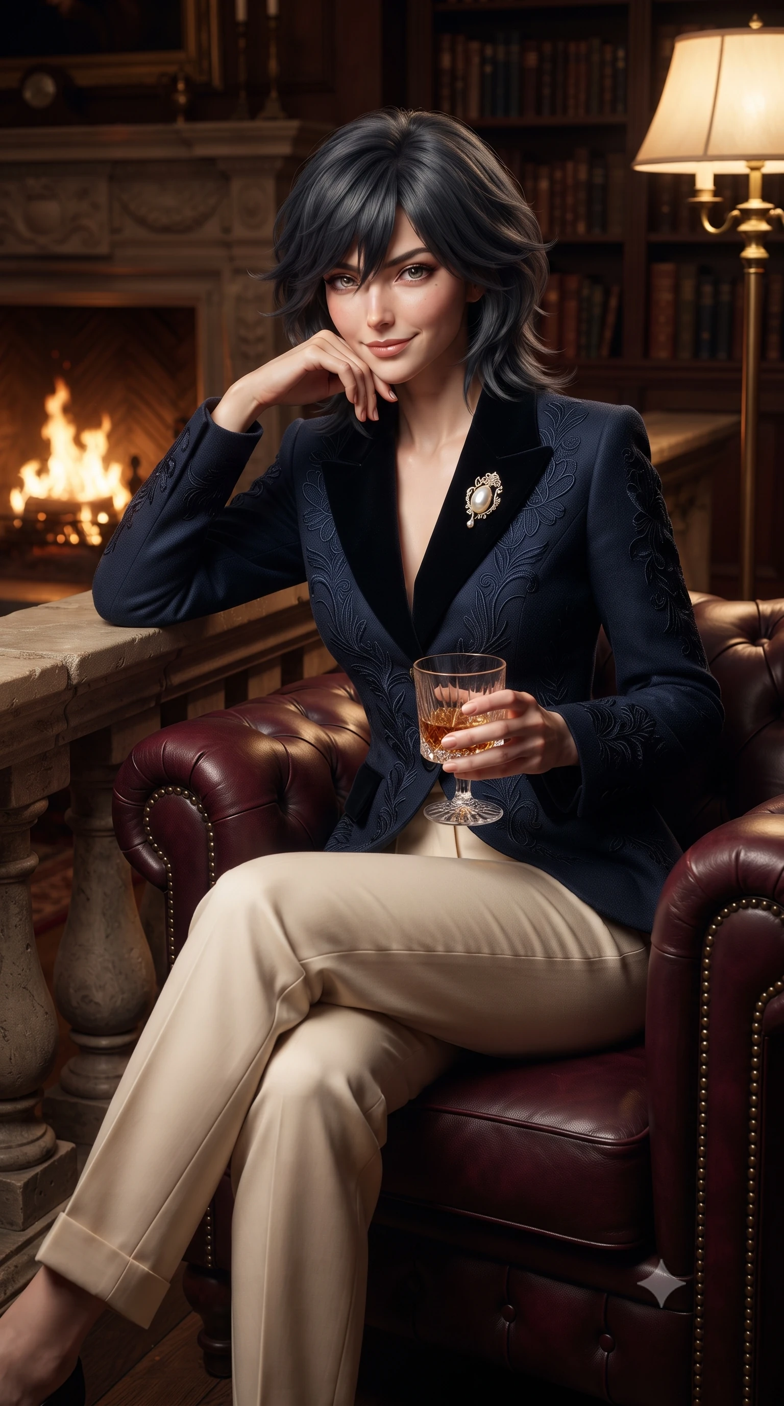 score_9, masterpiece, best quality, ultra-detailed, high-budget anime keyframe, editorial fashion photography, tasteful artistic composition, Caucasian woman. close-up cowboy shot from the waist and thighs up, the character dominates the composition, filling the frame with her large presence. resting one elbow on the stone balustrade, chin poised lightly on her hand with intelligent, charming warmth while relaxing comfortably in a deep tufted burgundy Chesterfield armchair with legs crossed, holding a crystal glass with a knowing smile. The surrounding environment is rendered in vivid detail and crisp panoramic clarity: detailed tailored velvet collar blazer weave, mother-of-pearl button sheen, and aristocratic London club craftsmanship in razor-sharp precision. She has an exceptionally elegant, slender, and willowy female figure with an ultra-slim waist, flat toned midriff, narrow ribcage, and sculpted feminine hips creating an alluring, slim hourglass silhouette without bulk. sharp v-shaped jawline, high-bridge nose, intricate jewel-like sparkling eyes with depth, thick eyelashes, glossy parted lips with a natural peach sheen, bright cheerful beaming smile with an enchanting and coquettish sensual glint, exuding both youthful cute charm and seductive allure, flawlessly proportioned anatomical accuracy, strict slender model proportions, natural body alignment, perfectly sculpted long slender limbs, ultra-slim waistline, clean dynamic posture without body distortion. wearing a retro Art Deco embroidered wool blazer with velvet lapels paired with high-waisted pressed trousers in soft champagne ivory and warm biscuit beige, crafted from ultra-soft Mongolian cashmere with exquisite insulating warmth and tactile softness, complemented by an antique baroque pearl brooch pinned tastefully on the lapel, the bespoke architectural tailoring hugging her natural waistline with sartorial precision, creating a clean graceful hourglass silhouette with tall model elegance. bathed in the rich, dancing warm 2400K hearth glow from the roaring fireplace mixed with soft brass floor lamp pools. ultra-reflective glossy finish, specular highlights, rich textural contrasts, high-contrast stereoscopic depth, volumetric dynamic lighting, 2k, ultra detail, master piece, 9:16 ratio