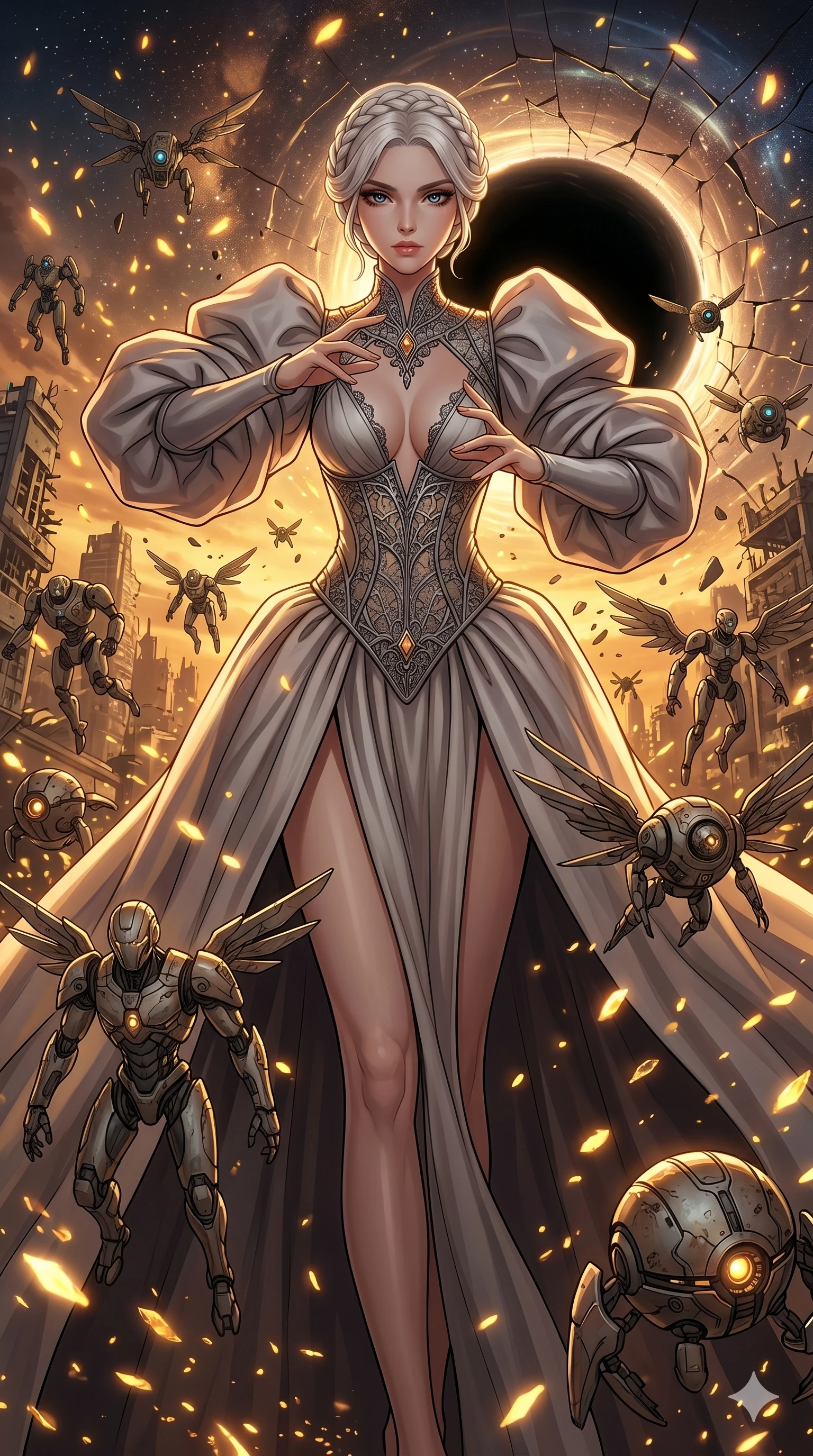 score_9, masterpiece, best quality, ultra-detailed, Set A: High-budget Anime Keyframe, Caucasian (human ears) woman. Upper body close-up from the thighs up, character filling the screen for maximum presence. Theme: Urban Decay. shattering the fabric of reality in the edge of a black hole, surrounded by 179 hovering guardian drones. The atmosphere is filled with golden hour with floating embers. She has an absolutely perfect 8-heads proportion, an exceptionally tall and slender female figure with impossibly long slender legs and an ultra-slim waist. Sharp v-shaped jawline, high-bridge nose, intricate jewel-like eyes with depth, glossy lips. Wearing Futuristic court-lady gown with massive sleeves and a deep-cut lace bodice. Cinematic lighting, vivid colors, dramatic shadows, 2k, ultra detail, master piece, 9:16 ratio