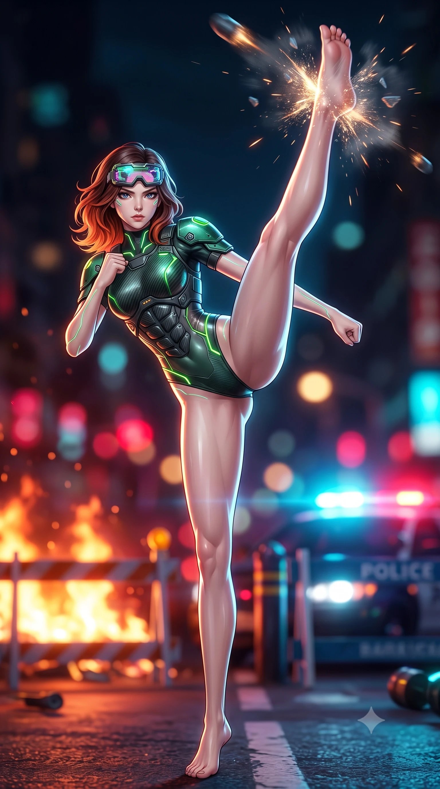 score_9, masterpiece, best quality, ultra-detailed, high-budget anime keyframe, semi-realistic 3D game render, editorial fashion photography, tasteful artistic composition, Korean woman. low angle full-body shot from head to toe showing her feet, filling the entire 9:16 vertical frame with her statuesque presence, stretching her vertical silhouette. executing a breathtaking zero-gravity high-kick with full 180-degree vertical extension, her impossibly long slender legs dominating the frame with razor-sharp poise while delivering a sweeping roundhouse kick that deflects an incoming kinetic projectile with thunderous impact. The composition keeps background elements in soft focus with creamy bokeh. blazing barricade fires and flashing police barricade strobe lights blurred into dazzling crimson, amber, and electric cyan bokeh. She has an absolutely perfect, statuesque 8.5-heads proportion, an exceptionally tall and slender model-like female figure with impossibly long slender legs, a toned flat midriff, and an ultra-slim waist. sharp v-shaped jawline, high-bridge nose, intricate jewel-like eyes with depth, thick eyelashes, glossy lips with a natural sheen, fierce and resolute heroine expression, flawlessly proportioned anatomical accuracy, strict slender model proportions, natural body alignment, perfectly sculpted long slender limbs, ultra-slim waistline, clean dynamic posture without body distortion. wearing high-tech holographic tactical goggles resting tipped up on her forehead, casting glowing neon runes across her brow without obscuring her features, paired with a heavy modular carbon-fiber combat cuirass paired with a second-skin tactical leotard and reinforced titanium shoulder pauldrons in toxic emerald green carbon composite with glowing lime warning channels, crafted from semi-translucent cybernetic carbon-vinyl interwoven with glowing micro-filaments, accented with glowing fiber-optic telemetry conduits tracing her collarbones and hip curves, the form-contouring material adhering flawlessly to her sculpted flat midriff and slender torso, emphasizing her long leg lines and perfectly proportioned willowy build. illuminated by crisp white key lighting with sharp specular highlights tracing her slender athletic build. rich saturated anime colors with glowing neon highlights, detailed shading with soft gradients, rich glossy textures, high-contrast stereoscopic depth, volumetric dynamic lighting, master piece, 9:16 ratio