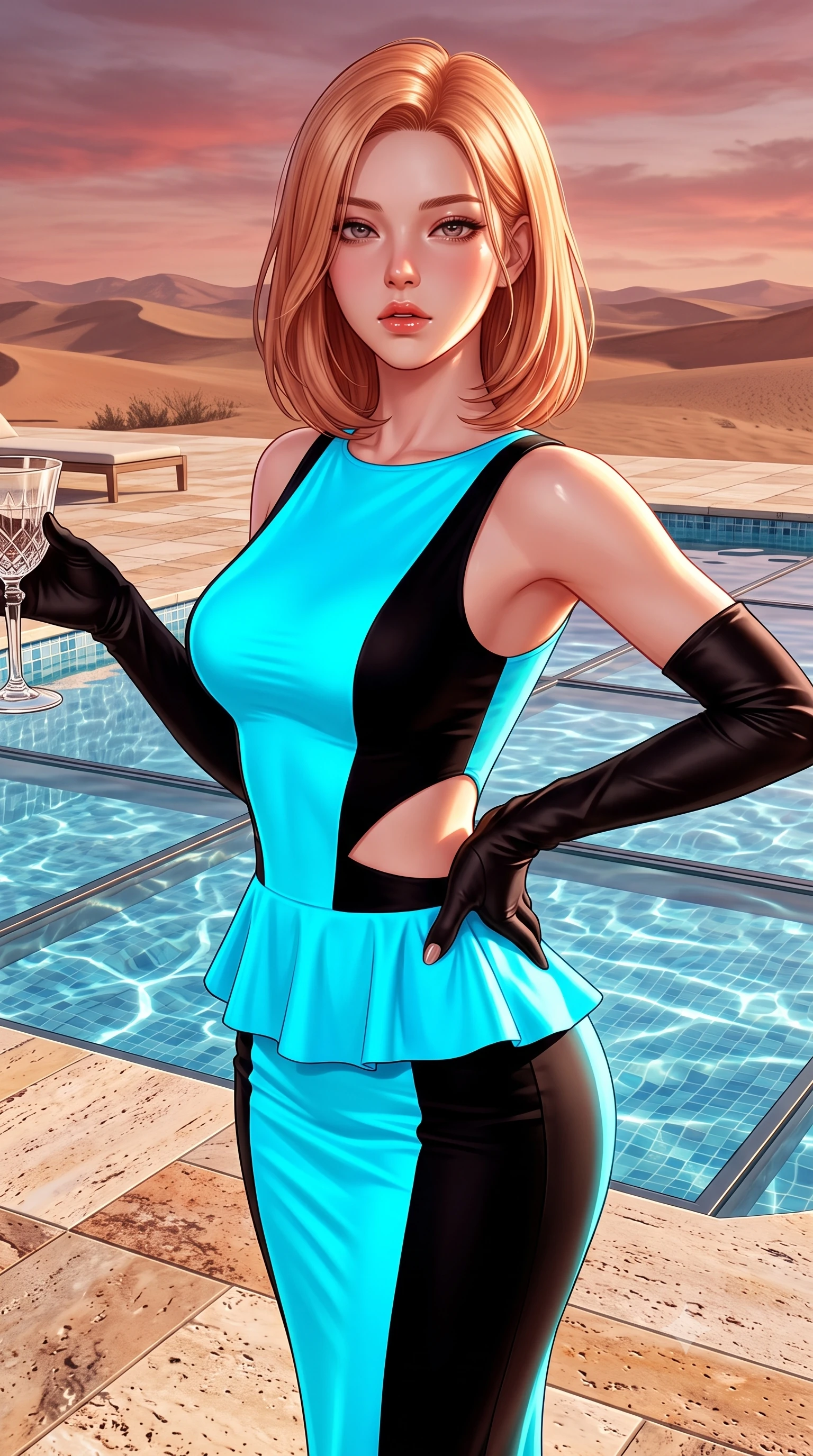 score_9, masterpiece, best quality, ultra-detailed, high-budget anime keyframe, semi-realistic 3D game render, editorial fashion photography, tasteful artistic composition, Korean woman. close-up cowboy shot from the waist and thighs up, the character dominates the composition, filling the frame with her large presence. resting one manicured hand delicately on her hip bone, her upper body turning in a fluid, seductive S-curve while parted lips glisten in the light while standing poised on the sunlit travertine pool deck, turning in an alluring silhouette as desert twilight paints the sky in shades of rose and copper. The surrounding environment is rendered in vivid detail and crisp panoramic clarity. sharp glass bottom floor seams, submerged mosaic tile caustics, and distant desert dune ridges in deep focus. She has an exceptionally elegant, slender, and willowy female figure with an ultra-slim waist, flat toned midriff, narrow ribcage, and sculpted feminine hips creating an alluring, slim hourglass silhouette without bulk. sharp v-shaped jawline, high-bridge nose, intricate jewel-like eyes with depth, thick eyelashes, glossy parted lips with a natural sheen, intensely captivating and seductive bedroom-eyes expression, flawlessly proportioned anatomical accuracy, strict slender model proportions, natural body alignment, perfectly sculpted long slender limbs, ultra-slim waistline, clean dynamic posture without body distortion. wearing a modern peplum corset dress with side-waist diamond cutouts and an ultra-tight silhouette in neon electric cyan and lacquer black, tailored from liquid silk jersey adhering flawlessly to her slender build, accessorized with opera-length satin gloves and a vintage crystal glass, the second-skin form-contouring cut accentuating her sculpted flat midriff, narrow delicate ribcage, and gracefully curvy hips with supermodel precision. illuminated by intense specular pool water reflections sharply carving her razor-sharp jawline, narrow waist, and curvy hips. highly saturated vibrant anime colors, detailed shading with soft gradients, rich glossy textures, high-contrast stereoscopic depth, volumetric dynamic lighting, master piece, 9:16 ratio