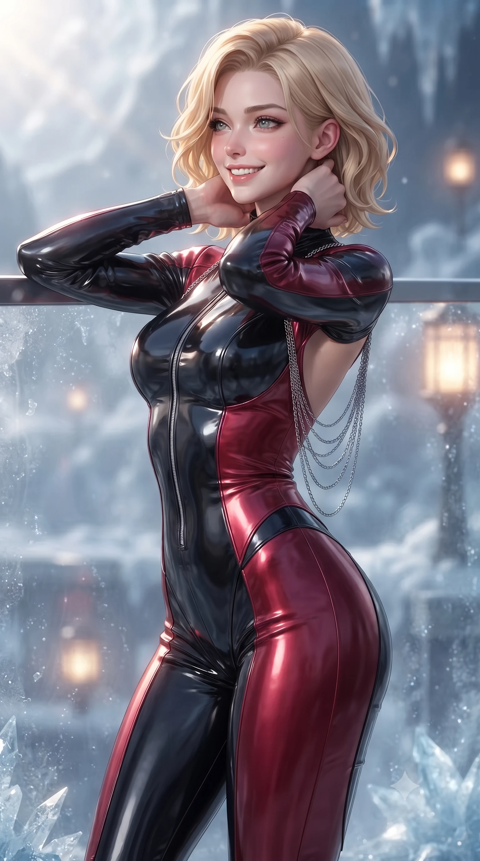 score_9, masterpiece, best quality, ultra-detailed, high-budget anime keyframe, editorial fashion photography, tasteful artistic composition, Caucasian woman. close-up cowboy shot from the waist and thighs up, the character dominates the composition, filling the frame with her large presence. resting both hands lightly behind her neck with elbows raised, arching her spine to highlight her narrow waist, flat midriff, and breathtaking collarbones while leaning against the panoramic heated glass barrier with hips cocked back, watching frozen crystal plumes sparkle like diamond dust in sunlight with smoldering bedroom-eyes. The background shows a soft-focus ice crystal mist softened in outer-moon observation sanctuary shallow focus. She has an exceptionally elegant, slender, and willowy female figure with an ultra-slim waist, flat toned midriff, narrow ribcage, and sculpted feminine hips creating an alluring, slim hourglass silhouette without bulk. sharp v-shaped jawline, high-bridge nose, intricate jewel-like sparkling eyes with depth, thick eyelashes, glossy parted lips with a natural peach sheen, bright cheerful beaming smile with an enchanting and coquettish sensual glint, exuding both youthful cute charm and seductive allure, flawlessly proportioned anatomical accuracy, strict slender model proportions, natural body alignment, perfectly sculpted long slender limbs, ultra-slim waistline, clean dynamic posture without body distortion. wearing a sleek second-skin cyber-pilot bodysuit with high-gloss patent leather panels accentuating her ultra-slim waistline in Star-Fortress obsidian black and imperial crimson, crafted from fluid liquid silk satin that clings smoothly to her narrow waist and rounded hips with a dewy sheen, accented with an open-back drape framed by falling strands of delicate chrome chains, the liquid-tight tailored fabric clinging flawlessly to her narrow waist and rounded feminine hips, emphasizing every millimeter of her sculpted slim hourglass curves without any bulky heaviness. bathed in crisp diamond sunlight reflecting off millions of frozen water-ice crystals combined with warm 2600K deck lanterns. ultra-reflective glossy finish, specular highlights, rich textural contrasts, high-contrast stereoscopic depth, volumetric dynamic lighting, 2k, ultra detail, master piece, 9:16 ratio