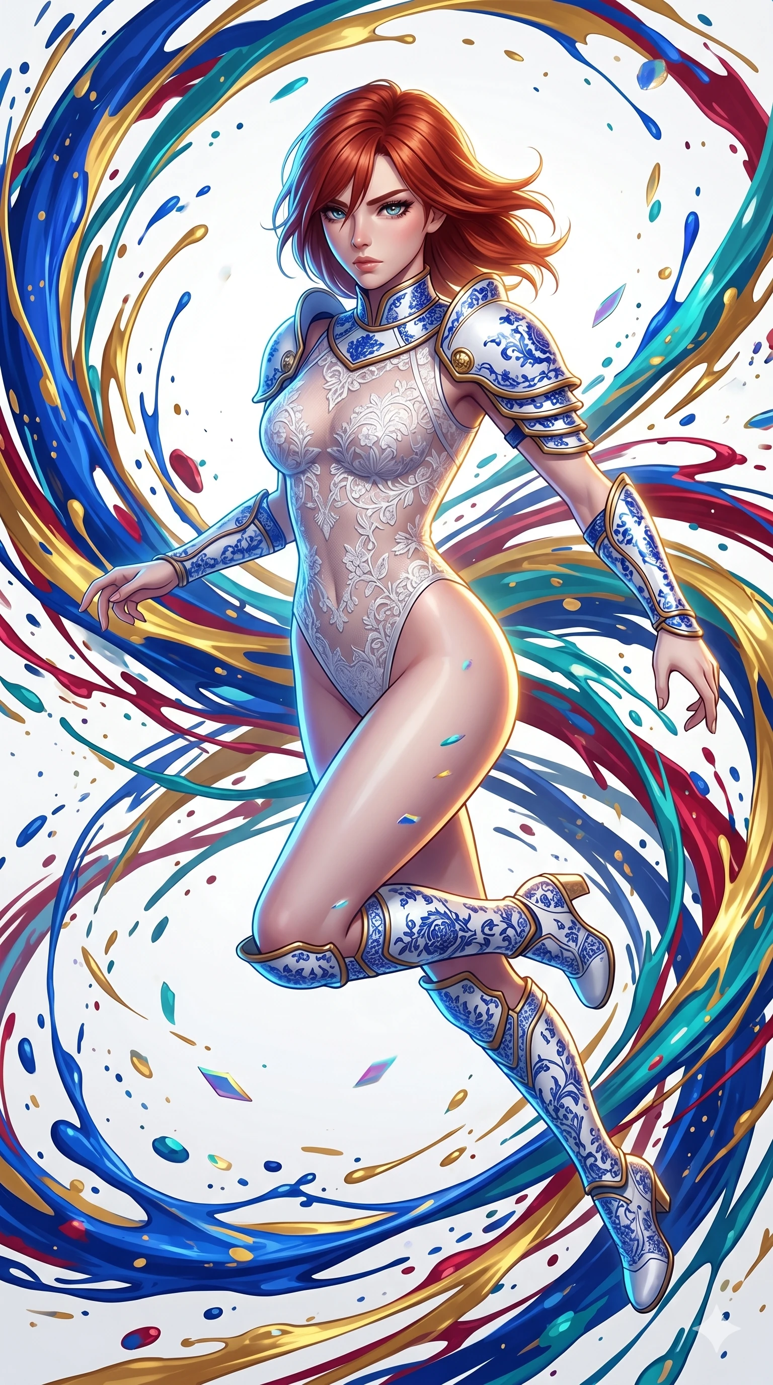 score_9, masterpiece, best quality, ultra-detailed, high-budget anime keyframe, Japanese woman. upper body close-up from the thighs up, character filling the screen for maximum presence. leaping into a vorticist paint splatter dimension where thousands of vivid acrylic paint ribbons and splatters swirl around her in a white gallery void. She has an absolutely perfect 8-heads proportion, an exceptionally tall and slender female figure with impossibly long slender legs and an ultra-slim waist. V-shaped jawline, high-bridge nose, intricate jewel-like eyes with depth, thick eyelashes, glossy lips with a natural sheen.. wearing a porcelain and lace armor fusion, featuring a white hard shoulder plate with blue porcelain patterns and a sheer white lace corset bodysuit with an alluring high-leg cut. bathed in brilliant cinematic volumetric lighting and intense neon rim light highlighting her slender form. 2k, ultra detail, master piece, 9:16 ratio