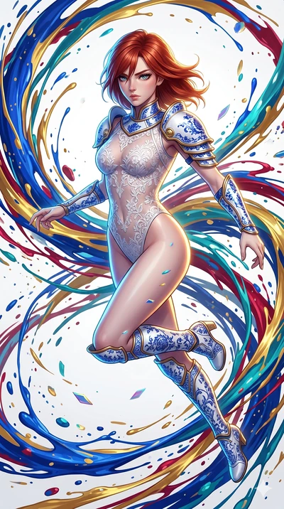 score_9, masterpiece, best quality, ultra-detailed, high-budget anime keyframe, Japanese woman. upper body close-up from the thighs up, character filling the screen for maximum presence. leaping into a vorticist paint splatter dimension where thousan