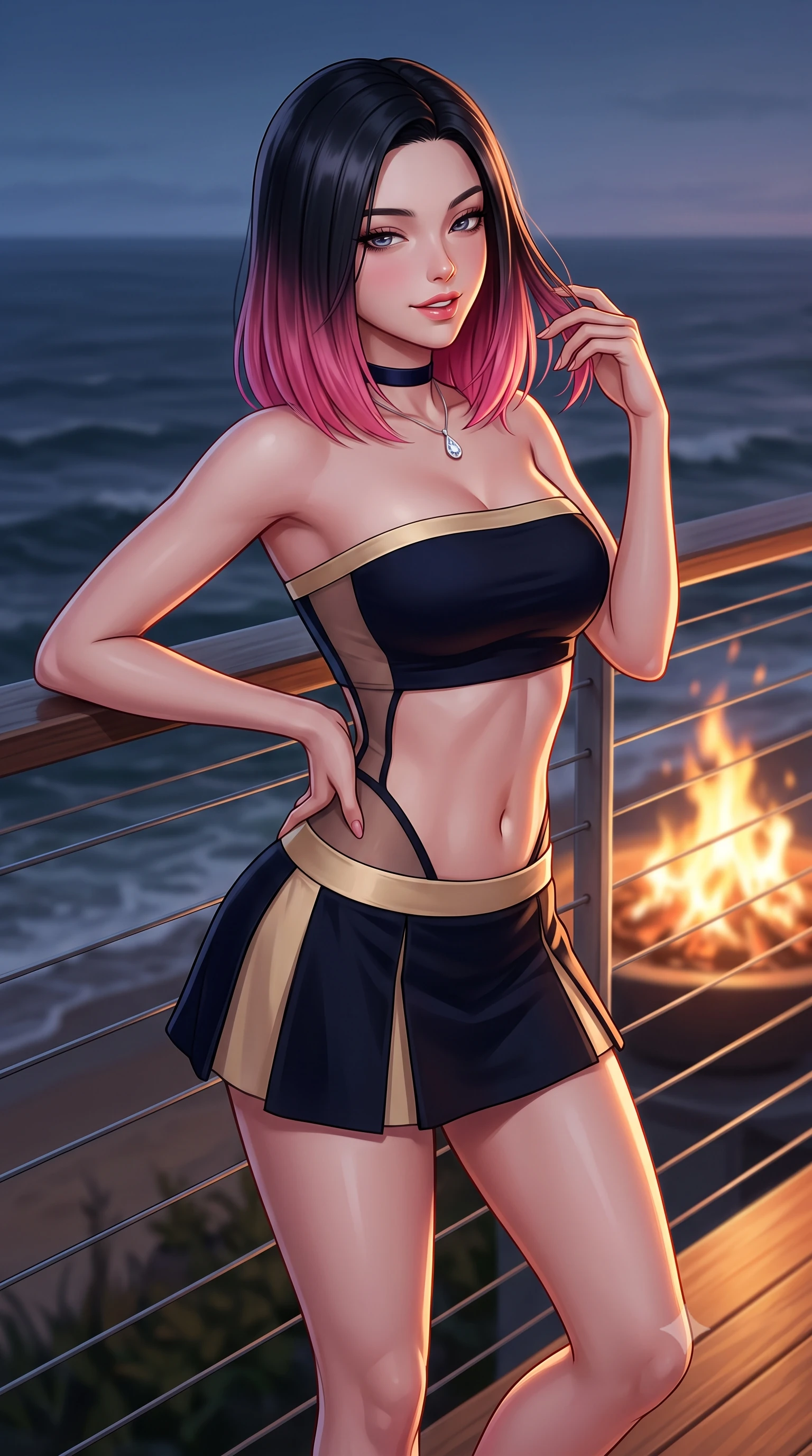 score_9, masterpiece, best quality, ultra-detailed, high-budget anime keyframe, semi-realistic 3D game render, editorial fashion photography, tasteful artistic composition, Korean woman. close-up cowboy shot from the waist and thighs up, the character dominates the composition, filling the frame with her large presence. twisting her slender torso in an alluring contrapposto stance, one hand resting on her sculpted hip while her fingers toy with her hair with effortless poise while leaning against the nautical wire balustrade with hips cocked back, looking out over rolling Atlantic swells with heavy-lidded bedroom-eyes. The background shows a soft-focus dancing fire pit flames softened in dramatic coastal aerie shallow focus. She has an exceptionally elegant, slender, and willowy female figure with an ultra-slim waist, flat toned midriff, narrow ribcage, and sculpted feminine hips creating an alluring, slim hourglass silhouette without bulk. sharp v-shaped jawline, high-bridge nose, intricate jewel-like sparkling eyes with depth, thick eyelashes, glossy parted lips with a natural peach sheen, bright cheerful beaming smile with an enchanting and coquettish sensual glint, exuding both youthful cute charm and seductive allure, flawlessly proportioned anatomical accuracy, strict slender model proportions, natural body alignment, perfectly sculpted long slender limbs, ultra-slim waistline, clean dynamic posture without body distortion. wearing an ultra-cropped fitted bandeau top paired with a micro mini tennis skirt revealing her flat midriff in deep midnight obsidian black and champagne gold, featuring strategic sheer-illusion tulle side panels framing her ribcage and hips, finished with a thin velvet ribbon choker and a single teardrop diamond pendant, the glove-like clinging cut tightly following the natural contour of her hips and long slender legs with youthful 8.5-heads elegance. illuminated by deck wood reflection bounce and sharp copper-gold rim lights sculpting her jawline, narrow waist, and curvy hips. highly saturated vibrant anime colors, detailed shading with soft gradients, rich glossy textures, high-contrast stereoscopic depth, volumetric dynamic lighting, master piece, 9:16 ratio