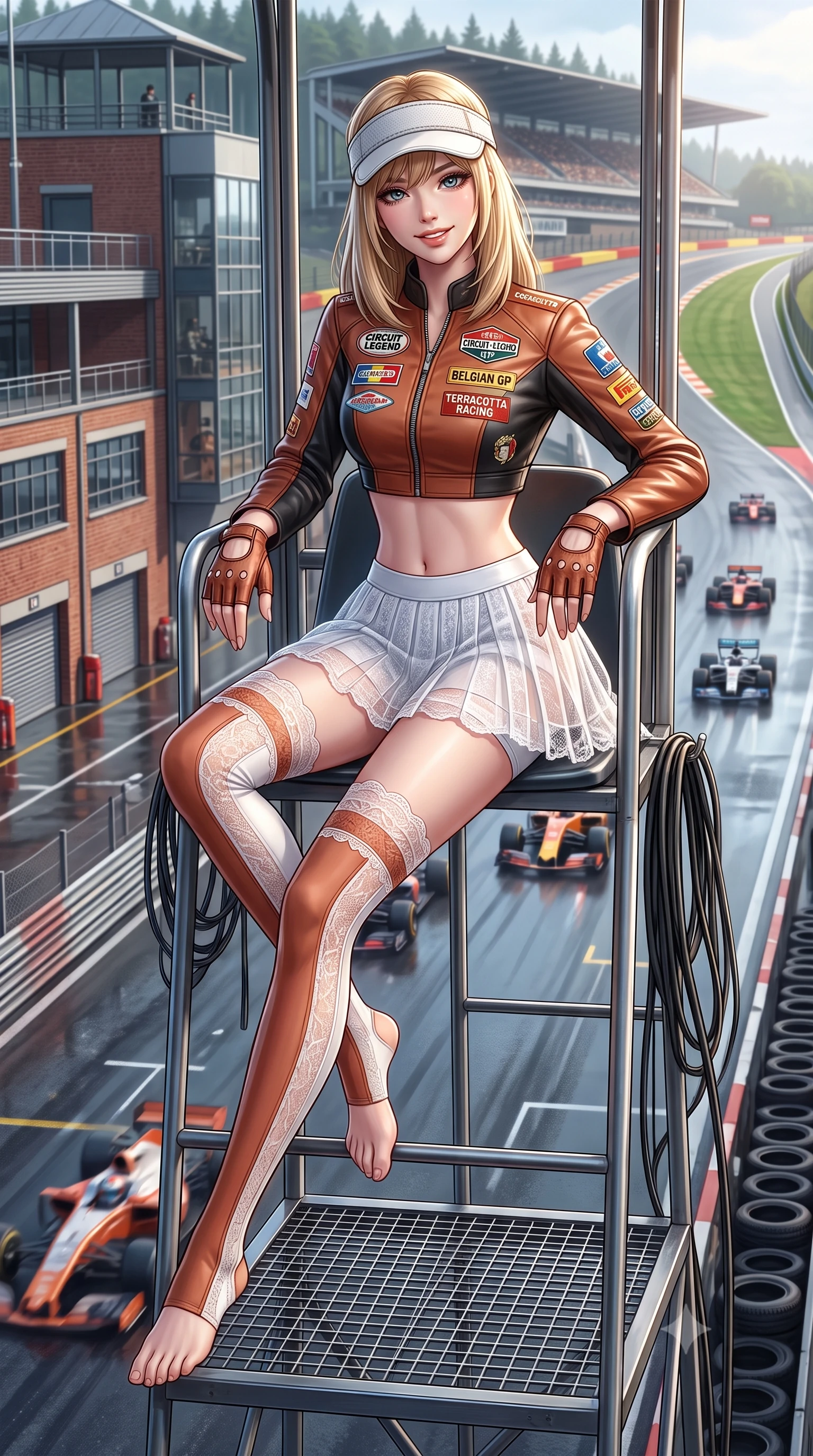 score_9, masterpiece, best quality, ultra-detailed, high-budget anime keyframe, semi-realistic 3D game render, editorial fashion photography, tasteful artistic composition, Japanese woman. low angle full-body shot from head to toe showing her feet, filling the entire 9:16 vertical frame with her statuesque presence, stretching her vertical silhouette. sitting perched on the elevated umpire chair with legs crossed and hips angled toward the camera, displaying her toned midriff and long slender limbs with joyful, coquettish charm while twisting her slender torso in an alluring S-curve as race cars compress through the legendary corner, wind sculpting her suit to her curves. The surrounding environment is rendered in vivid detail and crisp panoramic clarity: detailed racing jacket embroidery, misty droplets on visor, and historic Belgian circuit infrastructure in high resolution. She has an absolutely perfect, statuesque 8.5-heads proportion, an exceptionally tall and slender model-like female figure with impossibly long slender legs, an ultra-slim waist, a flat toned midriff, narrow delicate ribcage, and beautifully sculpted feminine hips creating a graceful, slim hourglass silhouette without any bulky heaviness. sharp v-shaped jawline, high-bridge nose, sparkling eyes with athletic focus and depth, thick curled eyelashes, glossy parted lips with a natural coral-peach sheen, bright confident and coquettish smile with alluring bedroom-eyes, exuding both youthful sporty vigor and sovereign high-society glamour, flawlessly proportioned anatomical accuracy, strict slender model proportions, natural body alignment, perfectly sculpted long slender limbs, ultra-slim waistline, clean dynamic posture without body distortion. wearing a cropped zip-front racing leather bolero jacket paired with a micro-pleated white tennis mini-skirt and thigh-high sports socks in classic clay-court terracotta and cloud white, crafted from sheer delicate stretch lace reinforced with technical sport threads, accented with a sporty retro tennis visor and fingerless leather driving gloves, the form-fitting tailored bodice adhering flawlessly to her sculpted flat midriff and slender torso, emphasizing her long leg lines and perfectly proportioned willowy build. illuminated by track reflections and sharp crystalline rim lights carving her razor-sharp jawline, narrow waist, and curvy hips. highly saturated vibrant anime colors, detailed shading with soft gradients, rich glossy textures, high-contrast stereoscopic depth, volumetric dynamic lighting, master piece, 9:16 ratio