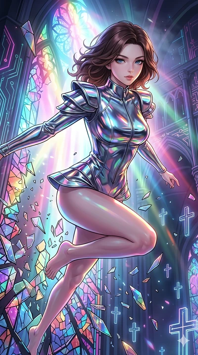 score_9, masterpiece, best quality, ultra-detailed, high-budget anime keyframe, Korean woman. Upper body close-up from the thighs up, character filling the screen for maximum presence. She is leaping through shattered stained glass of a neon-lit futu