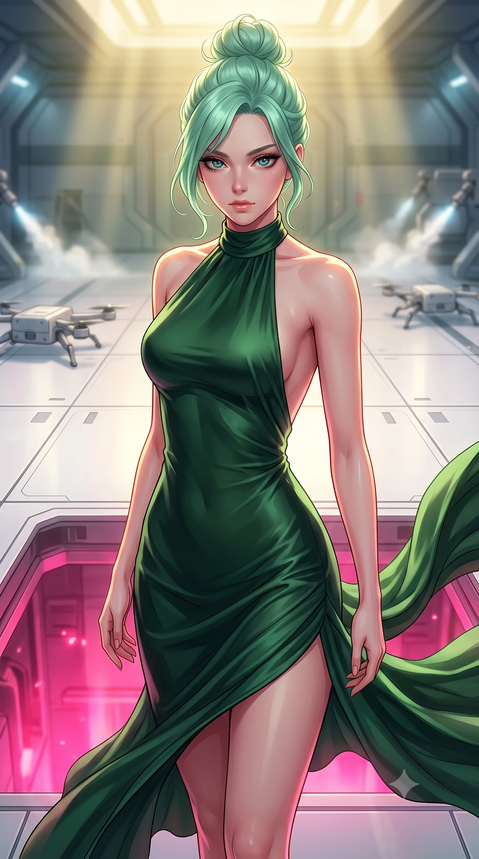 score_9, masterpiece, best quality, ultra-detailed, high-budget anime keyframe, editorial fashion photography, tasteful artistic composition, Japanese woman. close-up cowboy shot from the waist and thighs up, the character dominates the composition, filling the frame with her large presence, background elements kept in soft focus. Standing proud on the bridge, looking down at the viewer with quiet authority and a cold composure. set against a soft-focus background of a sterile hangar bay with white floor panels where cargo drones are landing, automatic steam cleaning nozzles firing. She has an exceptionally elegant and slender, willowy female figure with an ultra-slim waist, a gracefully sculpted slender torso, and a refined slim physique. sharp v-shaped jawline, high-bridge nose, intricate jewel-like eyes with depth, thick eyelashes, glossy lips with a natural sheen. wearing tailored for maximum mobility, sleek form-contouring panels that allow fluid movement, a body-hugging backless halter-neck silk dress in deep forest green, flowing elegantly along her slender figure. highly saturated vibrant anime colors, intense vivid color palette, soft 3D volumetric shading, volumetric dynamic lighting, dramatic contrast of hot pink furnace glow from below and cool golden light from above. 2k, ultra detail, master piece, 9:16 ratio