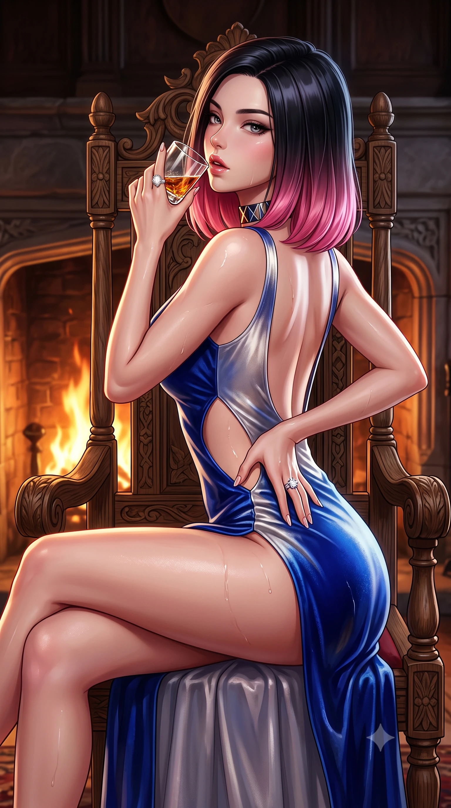 score_9, masterpiece, best quality, ultra-detailed, high-budget anime keyframe, semi-realistic 3D game render, editorial fashion photography, tasteful artistic composition, Korean woman. close-up cowboy shot from the waist and thighs up, the character dominates the composition, filling the frame with her large presence. resting one manicured hand delicately on her hip bone, her upper body turning in a fluid, seductive S-curve while parted lips glisten in the light while sitting high on an antique carved oak throne before a roaring stone fireplace with legs crossed, raising a crystal dram to her parted glossy lips while looking over her shoulder. The surrounding environment is rendered in vivid detail and crisp panoramic clarity. rich high-contrast Scottish heritage chiaroscuro and atmospheric ancient fortress romance rendered with precision. She has an exceptionally elegant, slender, and willowy female figure with an ultra-slim waist, flat toned midriff, narrow ribcage, and sculpted feminine hips creating an alluring, slim hourglass silhouette without bulk. sharp v-shaped jawline, high-bridge nose, intricate jewel-like eyes with depth, thick eyelashes, glossy parted lips with a natural sheen, intensely captivating and seductive bedroom-eyes expression, flawlessly proportioned anatomical accuracy, strict slender model proportions, natural body alignment, perfectly sculpted long slender limbs, ultra-slim waistline, clean dynamic posture without body distortion. wearing a delicate semi-translucent silk yukata that clings to her wet skin and curvy hip contours in royal sapphire blue and brushed platinum, crafted from heavyweight crushed silk velvet with liquid vintage luster, complemented by a bold geometric choker and sparkling cocktail ring, the precision-cut side openings and low-back scoop framing her graceful spine and the sensual sweep of her slim, toned hips. illuminated by crisp directional rim lighting sharply carving her razor-sharp jawline, narrow waist, and curvy hips. highly saturated vibrant anime colors, detailed shading with soft gradients, rich glossy textures, high-contrast stereoscopic depth, volumetric dynamic lighting, master piece, 9:16 ratio