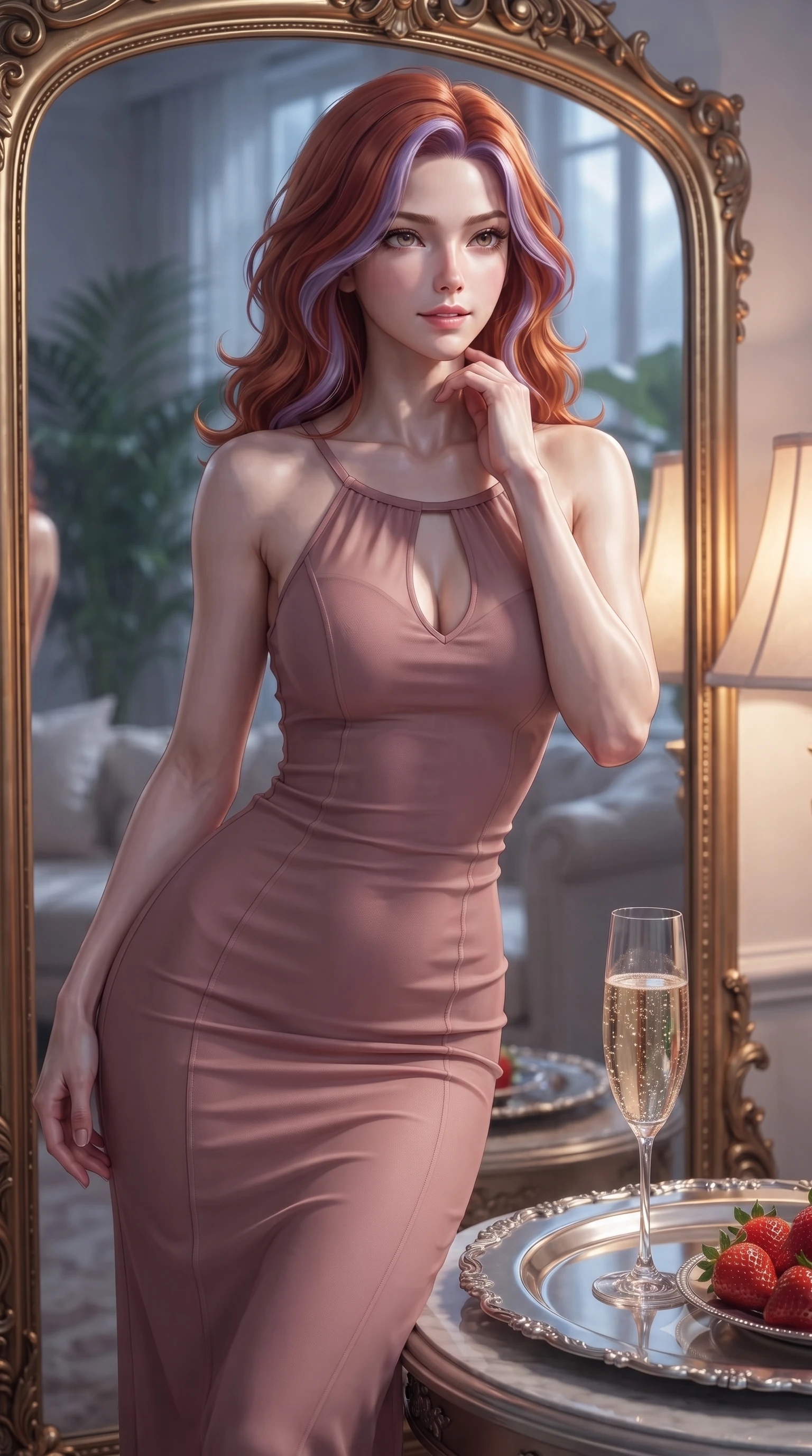 score_9, masterpiece, best quality, ultra-detailed, high-budget anime keyframe, editorial fashion photography, tasteful artistic composition, Caucasian woman. close-up cowboy shot from the waist and thighs up, the character dominates the composition, filling the frame with her large presence, background elements kept in soft focus. gazing into a gilded mirror reflection with a confident, sensual smile, tracing her neck contour set against a soft-focus background of inside an exclusive solarium deck with a crystal glass of sparkling champagne and fresh strawberries on a silver tray. She has an exceptionally elegant, slender, and willowy female figure with an ultra-slim waist, a gracefully sculpted slender torso, and a refined silhouette. sharp v-shaped jawline, high-bridge nose, intricate jewel-like eyes with depth, thick eyelashes, glossy lips with a natural sheen. wearing form-contouring dusty rose semi-opaque chiffon body-hugging knit midi dress with a tasteful keyhole neckline cutout and thin shoulder straps featuring refined tailored seams. illuminated by soft silver moonlight contrasting with the warm amber glow of a nearby lamp. ultra-reflective glossy finish, specular highlights, metallic sheen, high-contrast stereoscopic depth, volumetric dynamic lighting, 2k, ultra detail, master piece, 9:16 ratio