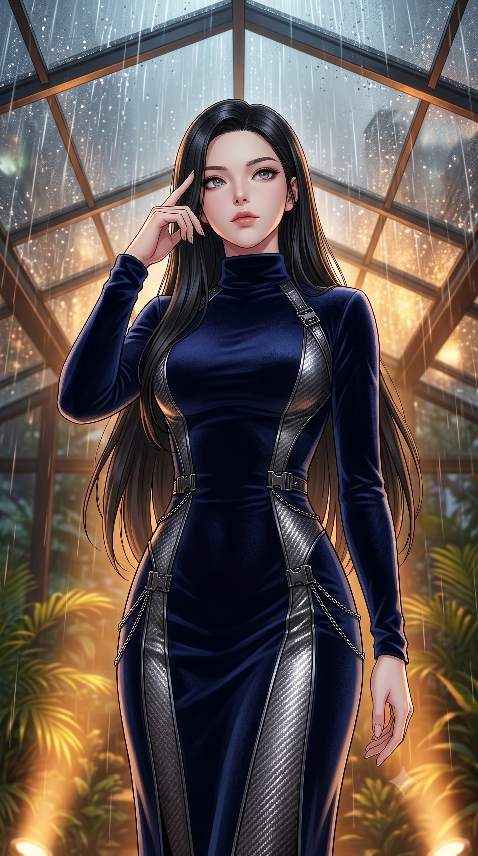 score_9, masterpiece, best quality, ultra-detailed, high-budget anime keyframe, editorial fashion photography, tasteful artistic composition, Korean woman. close-up cowboy shot from the waist and thighs up, the character dominates the composition, filling the frame with her large presence, background elements kept in soft focus. Pressing two fingers to her temple in a composed, sharp thoughtful gesture, looking up at the rain-streaked glass ceiling with a calm, composed expression, torrential rain streaming down glass roof glinting under warm floor spotlights. She has an exceptionally elegant, slender, and willowy female figure with an ultra-slim waist, a gracefully sculpted slender torso, and a refined silhouette. sharp v-shaped jawline, high-bridge nose, intricate jewel-like eyes with depth, thick eyelashes, glossy lips with a natural sheen. wearing floor-length high-neck midnight navy velvet gown with long sleeves in metallic dark silver, made of matte carbon-fiber weave, framed by dark titanium buckles and silver chain details, following her slender form with tailored precision. illuminated by warm amber floor lights filtering through tropical greenery. highly saturated vibrant anime colors, detailed shading with soft gradients, rich glossy textures, high-contrast stereoscopic depth, volumetric dynamic lighting, master piece, 9:16 ratio
