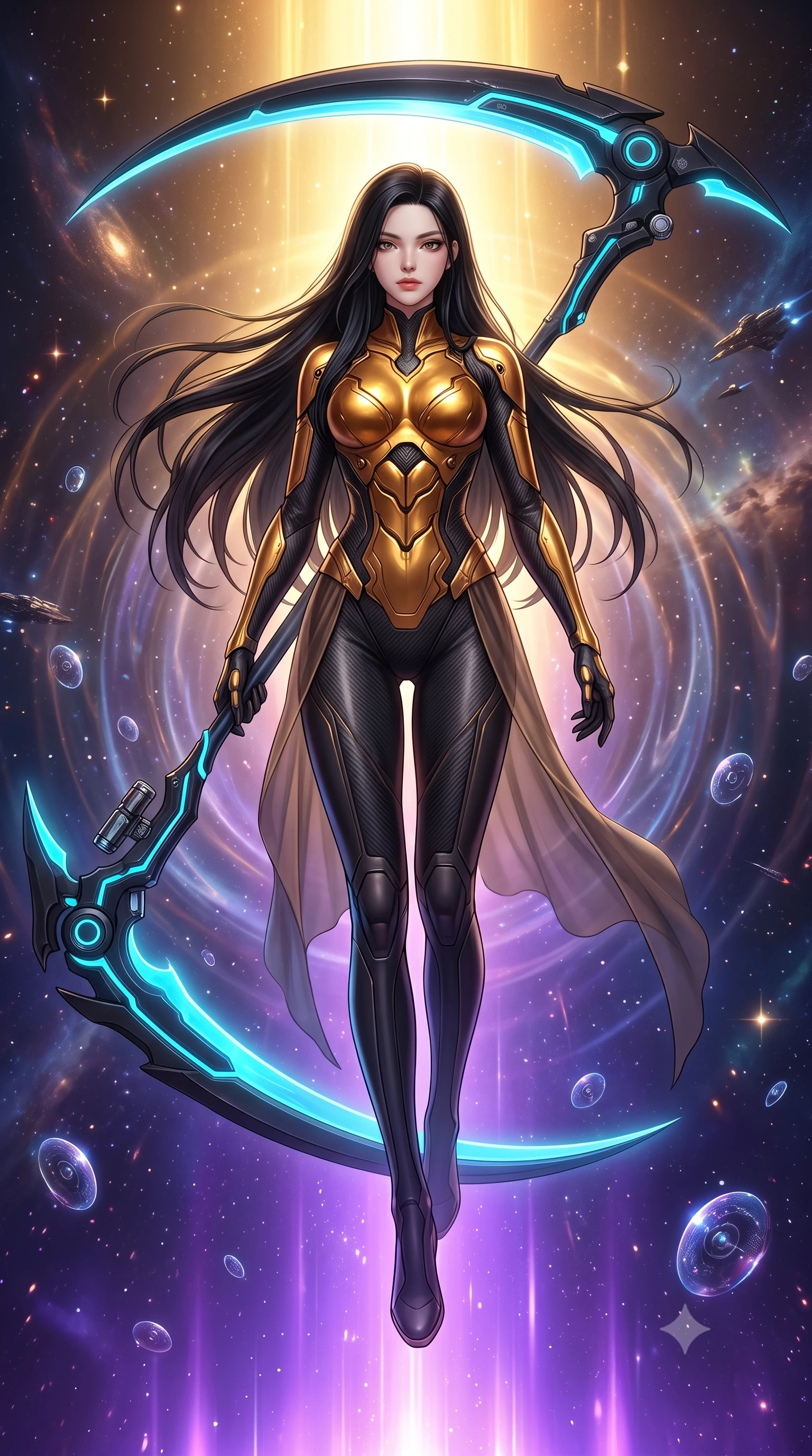 score_9, masterpiece, best quality, ultra-detailed, high-budget anime keyframe, semi-realistic 3D game render, editorial fashion photography, tasteful artistic composition, Korean woman. low angle full-body shot from head to toe showing her feet, filling the entire 9:16 vertical frame with her statuesque presence, stretching her vertical silhouette. performing an alluring mid-air combat landing with flawless poise, looking directly into the camera with regal, deadly intensity while drifting gracefully through a field of orbiting micro-shields as gravitational distortion waves ripple around her contour. The surrounding environment is rendered in vivid detail and crisp panoramic clarity. transcendent chiaroscuro contrast between blinding accretion light and deep cosmic shadows in precision. She has an absolutely perfect, statuesque 8.5-heads proportion, an exceptionally tall and slender model-like female figure with impossibly long slender legs, a toned flat midriff, and an ultra-slim waist. sharp v-shaped jawline, high-bridge nose, intricate jewel-like eyes with depth, thick eyelashes, glossy lips with a natural sheen, flawlessly proportioned anatomical accuracy, strict slender model proportions, natural body alignment, perfectly sculpted long slender limbs, ultra-slim waistline, clean dynamic posture without body distortion. wearing a sculpted molten-gold and dark carbon cuirass paired with high-mobility combat leggings and sheer side drapes, wielding a glowing plasma energy scythe with fluid grace in matte obsidian carbon black with electric cyan conduits, made of lightweight aerodynamic carbon-titanium alloy with polished edge bevels, detailed with magnetic weapon holsters and polished chrome connection clasps, the glove-like aerodynamic second-skin fit tightly clinging to her ultra-slender waist and athletic curves without adding bulk, accentuating her razor-sharp statuesque lines and slim hourglass silhouette. bathed in radiant golden singularity accretion glow and saturated violet gravitational field uplights. rich saturated anime colors with glowing neon highlights, detailed shading with soft gradients, rich glossy textures, high-contrast stereoscopic depth, volumetric dynamic lighting, master piece, 9:16 ratio