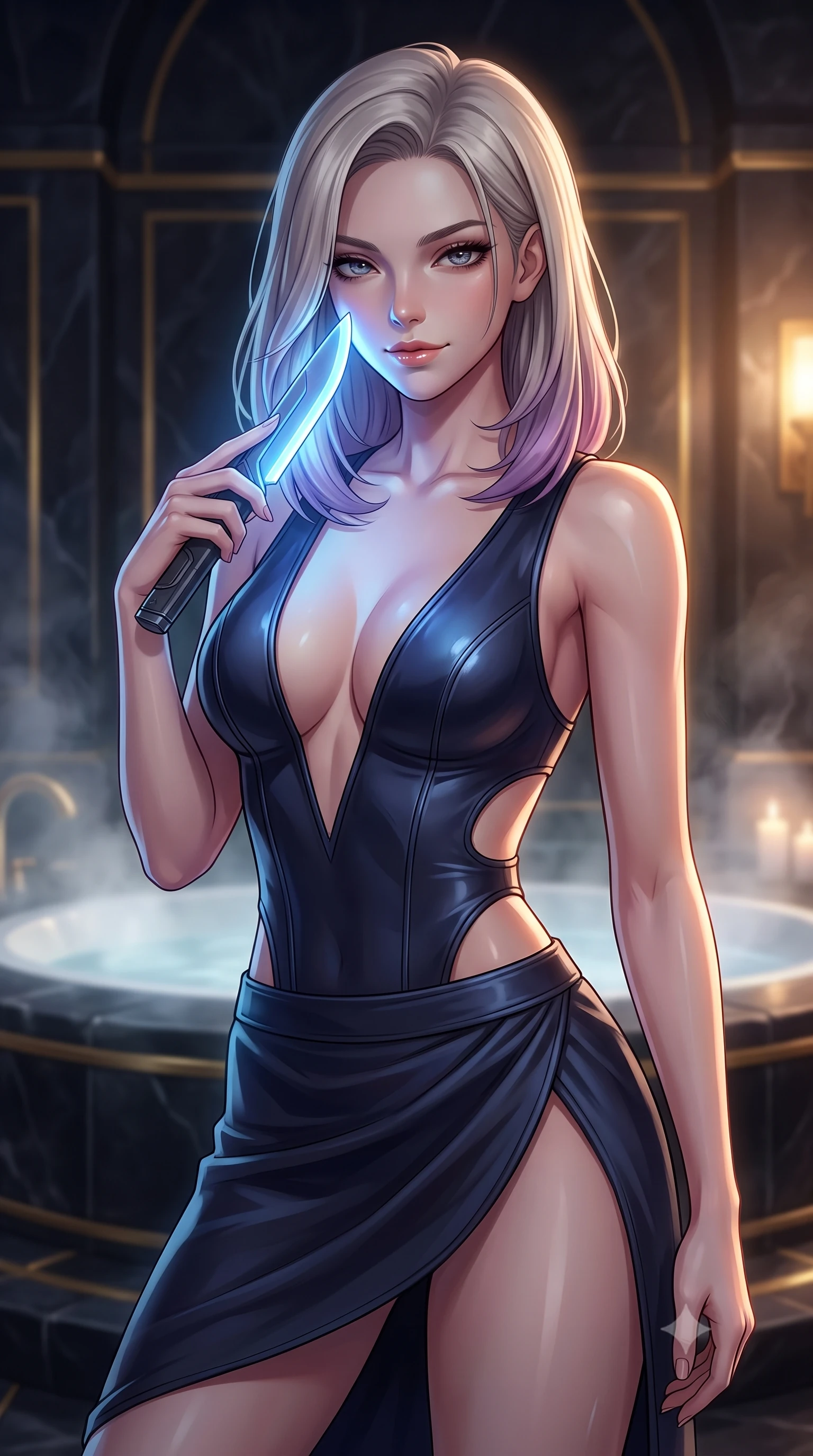 score_9, masterpiece, best quality, ultra-detailed, high-budget anime keyframe, editorial fashion photography, tasteful artistic composition, Caucasian woman. close-up cowboy shot from the waist and thighs up, the character dominates the composition, filling the frame with her large presence, background elements kept in soft focus. pressing the flat side of a glowing vibro-blade against her cheek, locking eyes with the viewer with bedroom-eyes, the background shows a soft-focus a steamy private bath chamber built of dark obsidian stone with gold accents. She has an exceptionally elegant, slender, and willowy female figure with an ultra-slim waist, a gracefully sculpted slender torso, and a refined silhouette. sharp v-shaped jawline, high-bridge nose, intricate jewel-like eyes with depth, thick eyelashes, glossy lips with a natural sheen. wearing a tailored deep plunging-V neck bodycon armor top, featuring keyhole cutouts along the ribs and a thigh-slit wrap skirt. dramatic chiaroscuro lighting focusing on her athletic, slender build. highly saturated vibrant anime colors, detailed shading with soft gradients, rich glossy textures, high-contrast stereoscopic depth, volumetric dynamic lighting, master piece, 9:16 ratio