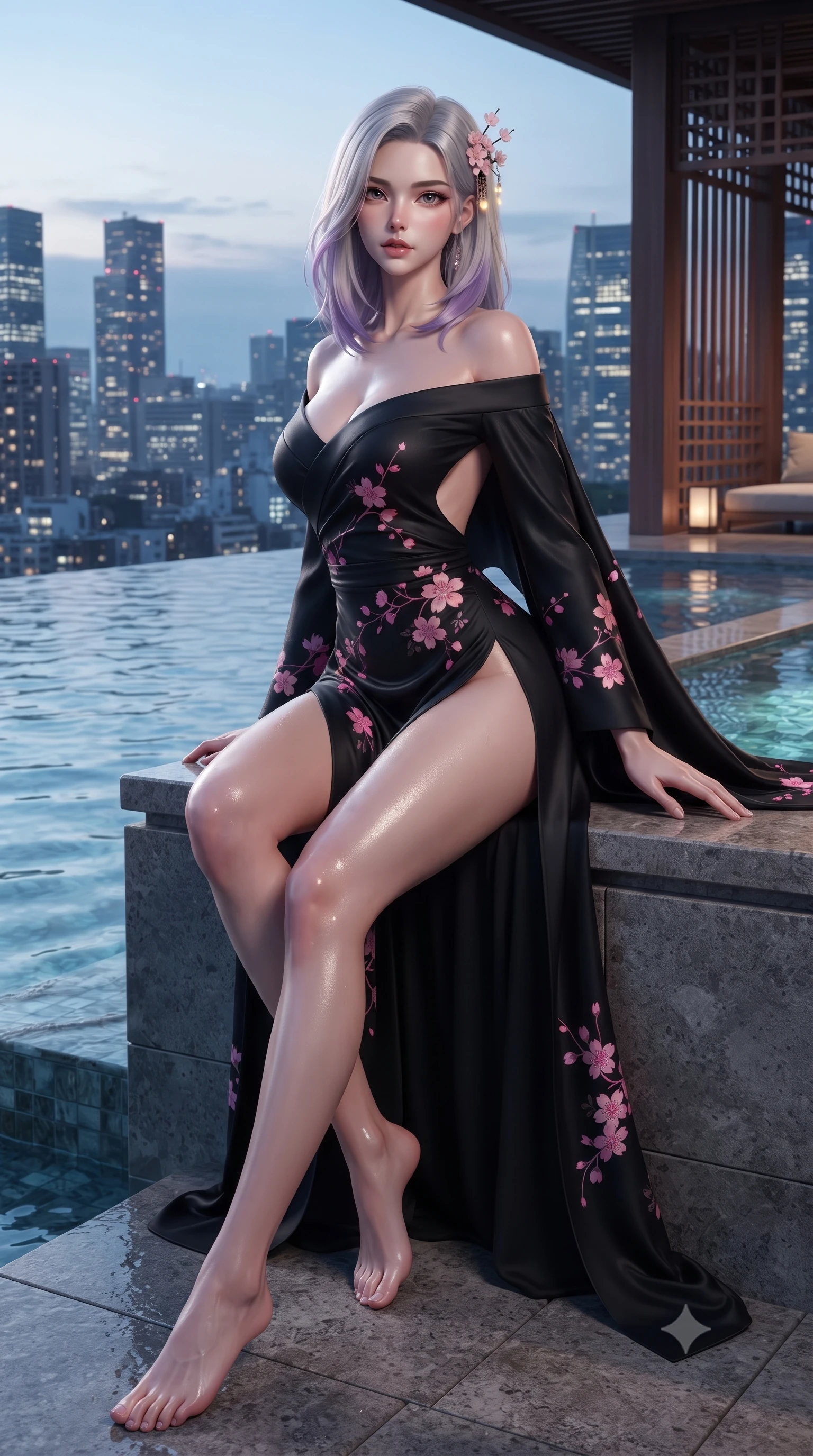 score_9, masterpiece, best quality, ultra-detailed, high-budget anime keyframe, editorial fashion photography, tasteful artistic composition, Caucasian woman. low angle full-body shot from head to toe showing her feet, filling the entire 9:16 vertical frame with her statuesque presence, stretching her vertical silhouette. sitting perched on the elevated ledge with hips angled toward the camera and legs crossed, displaying her toned midriff and flawlessly sculpted slender limbs while sitting on the stone infinity pool edge with legs dipped in water, turning her upper body in an alluring S-curve toward the camera. The surrounding environment is rendered in vivid detail and crisp panoramic clarity. detailed mineral pool ripple caustics, cedar lattice work, and city skyscraper windows in high clarity. She has an absolutely perfect, statuesque 8.5-heads proportion, an exceptionally tall and slender model-like female figure with impossibly long slender legs, a toned flat midriff, an ultra-slim waist, and beautifully sculpted feminine hips. sharp v-shaped jawline, high-bridge nose, intricate jewel-like eyes with depth, thick eyelashes, glossy parted lips with a natural sheen, intensely captivating and seductive bedroom-eyes expression, flawlessly proportioned anatomical accuracy, strict slender model proportions, natural body alignment, perfectly sculpted long slender limbs, ultra-slim waistline, clean dynamic posture without body distortion. wearing a backless off-shoulder silk kimono gown with fluttering drapes and an ultra-high side slit in pitch black silk with neon cherry blossom accents, made of liquid bamboo jersey adhering seamlessly to her slender frame, accented with delicate cherry blossom hairpins and glowing paper lantern charms, the precision-cut side openings and low-back scoop framing her graceful spine and the sensual sweep of her hips. illuminated by wet specular reflections accentuating her sculpted collarbones, narrow waist, and curvy hips. ultra-reflective glossy finish, specular highlights, rich textural contrasts, high-contrast stereoscopic depth, volumetric dynamic lighting, 2k, ultra detail, master piece, 9:16 ratio