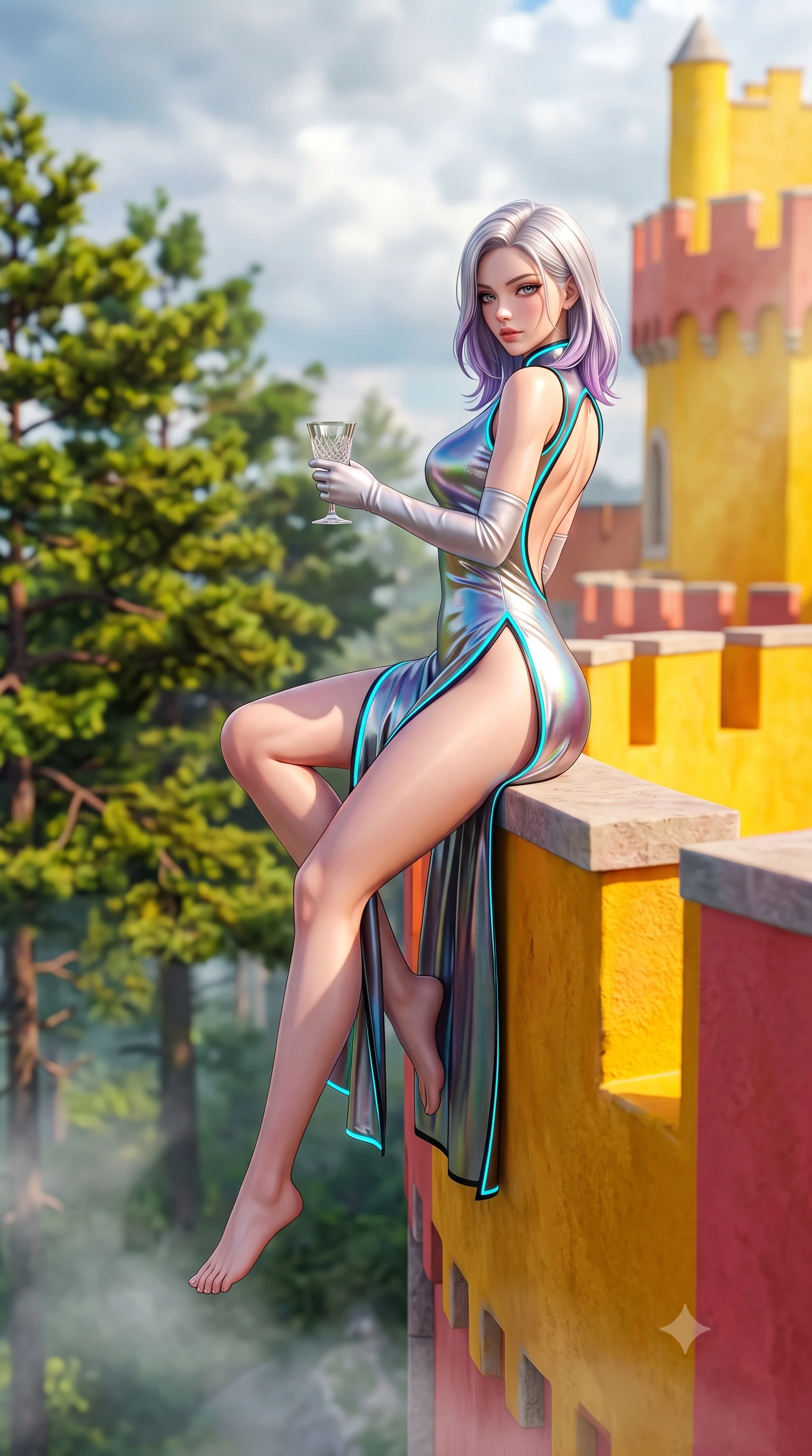 score_9, masterpiece, best quality, ultra-detailed, high-budget anime keyframe, semi-realistic 3D game render, editorial fashion photography, tasteful artistic composition, Caucasian woman. low angle full-body shot from head to toe showing her feet, filling the entire 9:16 vertical frame with her statuesque presence, stretching her vertical silhouette. sitting perched on the elevated edge with hips angled toward the camera and legs crossed, displaying her toned midriff and flawlessly sculpted slender limbs while standing on the vivid ochre and rose-red castle rampart balcony, arching her lower back as Atlantic coastal mist swirls through the enchanted forest below. The composition keeps background elements in soft focus with creamy bokeh. vibrant yellow and terracotta castle battlements and lush mossy pine tree canopies blurred into mustard, coral, and emerald bokeh. She has an exceptionally tall and slender model-like 8.5-heads proportion, an ultra-slim waist, a flat toned midriff, narrow delicate ribcage, and beautifully sculpted feminine hips creating a graceful, slim hourglass silhouette without any bulky heaviness, with impossibly long slender legs. sharp v-shaped jawline, high-bridge nose, intricate jewel-like eyes with depth, thick eyelashes, glossy parted lips with a natural sheen, intensely captivating and seductive bedroom-eyes expression, flawlessly proportioned anatomical accuracy, strict slender model proportions, natural body alignment, perfectly sculpted long slender limbs, ultra-slim waistline, clean dynamic posture without body distortion. wearing a modernized cyber-qipao mini dress with an ultra-high side slit ascending to the hip and glowing piping in neon electric cyan and lacquer black, crafted from luxurious metallic lamé that shifts radiance with every step, accessorized with opera-length satin gloves and a vintage crystal glass, the dramatically scooped open back descending to the base of her spine, accentuating her razor-sharp statuesque lines and slim hourglass silhouette. bathed in luminous coastal mist sunlight breaking through clouds onto the vibrant palace walls. highly saturated vibrant anime colors, detailed shading with soft gradients, rich glossy textures, high-contrast stereoscopic depth, volumetric dynamic lighting, master piece, 9:16 ratio