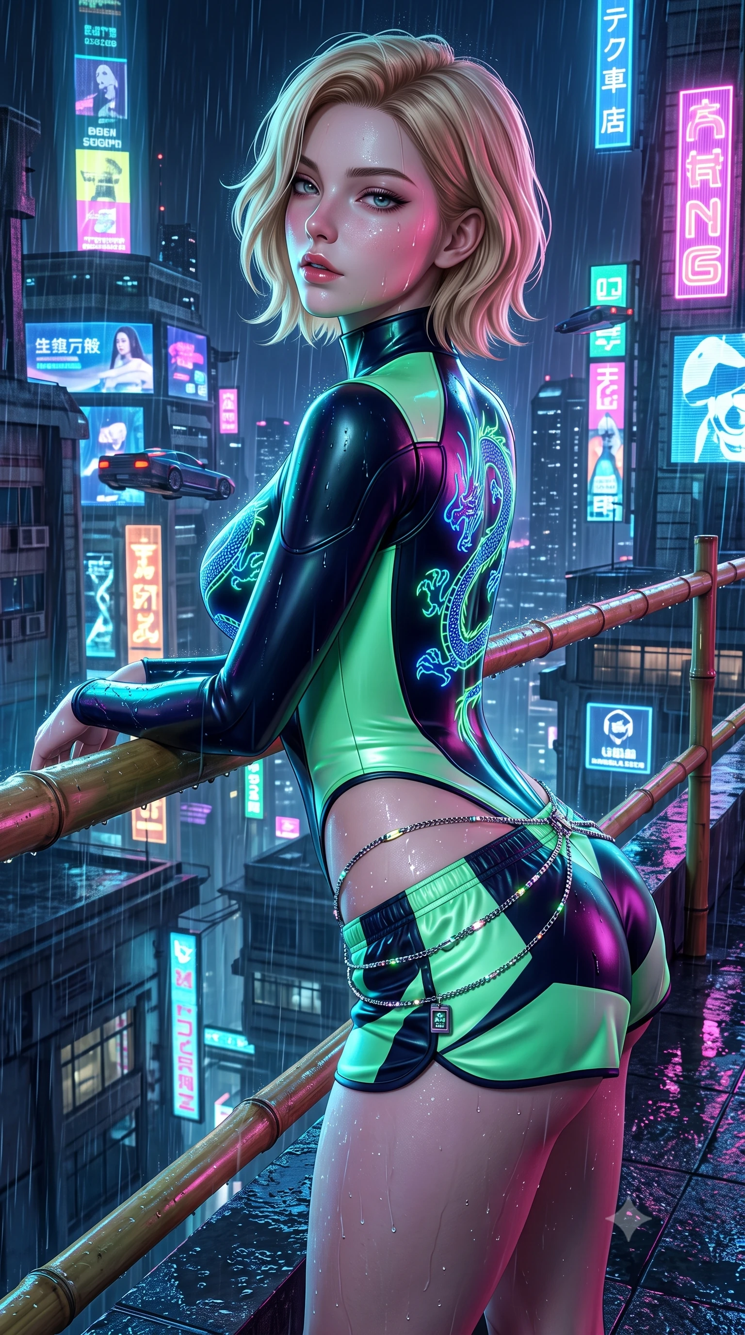 score_9, masterpiece, best quality, ultra-detailed, high-budget anime keyframe, semi-realistic 3D game render, editorial fashion photography, tasteful artistic composition, Caucasian woman. close-up cowboy shot from the waist and thighs up, the character dominates the composition, filling the frame with her large presence. twisting her slender torso in a deep contrapposto stance, hips dramatically shifted to accentuate her feminine curves while looking past her shoulder with smoldering bedroom-eyes while leaning deep against a rain-slicked rooftop bamboo railing with hips cocked back, looking over her shoulder as neon reflections wash over her curvy silhouette. The surrounding environment is rendered in vivid detail and crisp panoramic clarity. detailed embroidered silk qipao fabric sheen, raindrops on skin, and cyberpunk cityscape in high clarity. She has an exceptionally elegant, slender, and willowy female figure with an ultra-slim waist, a gracefully sculpted slender torso, toned flat midriff, and rounded feminine hips creating an alluring hourglass silhouette. sharp v-shaped jawline, high-bridge nose, intricate jewel-like eyes with depth, thick eyelashes, glossy parted lips with a natural sheen, intensely captivating and seductive bedroom-eyes expression, flawlessly proportioned anatomical accuracy, strict slender model proportions, natural body alignment, perfectly sculpted long slender limbs, ultra-slim waistline, clean dynamic posture without body distortion. wearing a high-collar cybernetic bodysuit with neon dragon embroidery and low-slung silk swim shorts in neon mint green and dark obsidian, crafted from flexible reflective spandex and tactical webbing, complemented by a delicate metallic hip chain catching the neon rain caustics, the form-contouring material adhering flawlessly to her sculpted flat midriff and slender torso, emphasizing her long leg lines and perfectly proportioned willowy build. illuminated by wet specular asphalt bounce lights sharply sculpting her narrow waist and rounded hips. highly saturated vibrant anime colors, detailed shading with soft gradients, rich glossy textures, high-contrast stereoscopic depth, volumetric dynamic lighting, master piece, 9:16 ratio