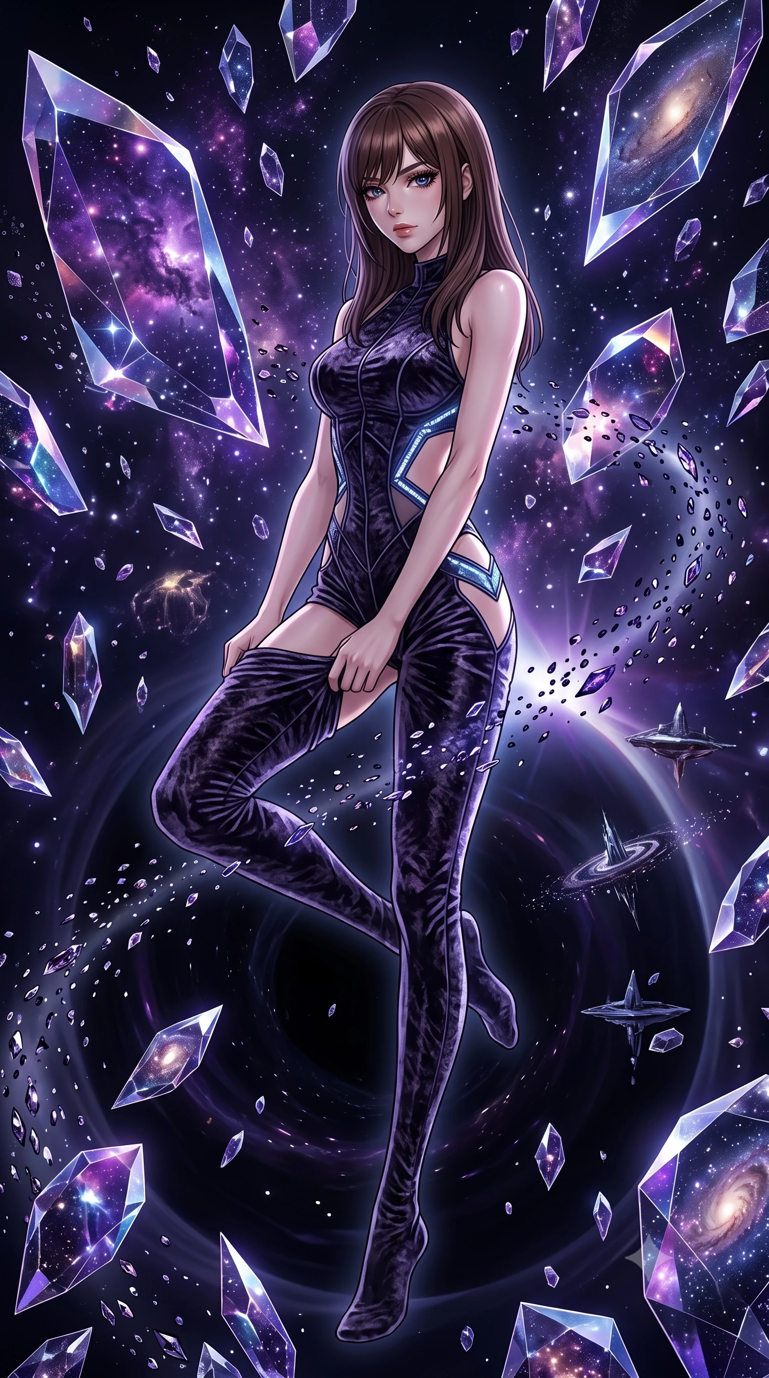 score_9, masterpiece, best quality, ultra-detailed, High-budget Anime Keyframe, East Asian woman. Dynamic full-body shot stretching the vertical silhouette to the limit. Scenario 250: adjusting her thigh-high stocking near a dark void filled with floating crystal shards reflecting purple nebulae. Her presence is magnetic and overpowering in this high-budget anime scene. Outfit 250: a slim-fit crushed dark velvet bare with a strategic side cut-outs and glowing LED seams. The clothing is designed to emphasize her exceptionally tall and slender 8-heads proportion. 8-heads proportion, towering silhouette, ultra-slim waist. sharp v-shaped jawline, intricate jewel-like eyes with depth, thick eyelashes, glossy lips. 2k, ultra detail, master piece, 9:16 ratio