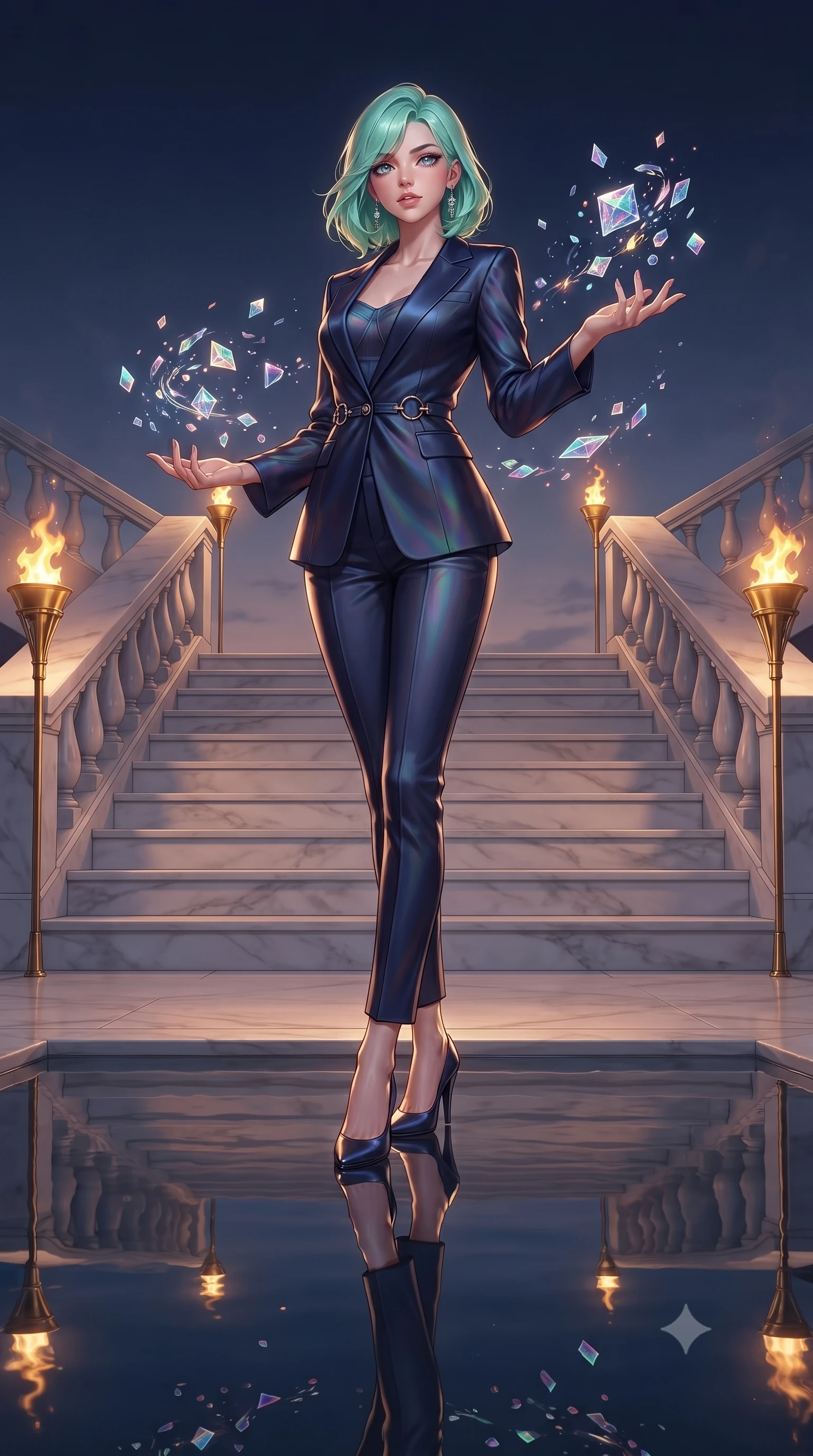 score_9, masterpiece, best quality, ultra-detailed, high-budget anime keyframe, editorial fashion photography, tasteful artistic composition, Japanese woman. low angle full-body shot from head to toe showing her feet, filling the entire 9:16 vertical frame with her statuesque presence, stretching her vertical silhouette. interacting gracefully with the magical floating elements while maintaining a confident posture descending a grand marble staircase flanked by golden torch flames at dusk, still pool waters reflecting her slender silhouette and the open sky. She has an absolutely perfect, statuesque 8.5-heads proportion, an exceptionally tall and slender model-like female figure with impossibly long slender legs and an ultra-slim waist. sharp v-shaped jawline, high-bridge nose, intricate jewel-like eyes with depth, thick eyelashes, glossy lips with a natural sheen. wearing a tailored silk blazer over a form-contouring top and fitted slacks in midnight navy blue and chrome trim, crafted from iridescent chiffon that shifts colors in the light, accented with delicate chrome ring hardware framing her waist, the elegant draped fit framing her graceful clavicle and slender torso. bathed in glorious golden hour sunbeams and warm rose-gold ambient light. ultra-reflective glossy finish, specular highlights, metallic sheen, high-contrast stereoscopic depth, volumetric dynamic lighting, 2k, ultra detail, master piece, 9:16 ratio