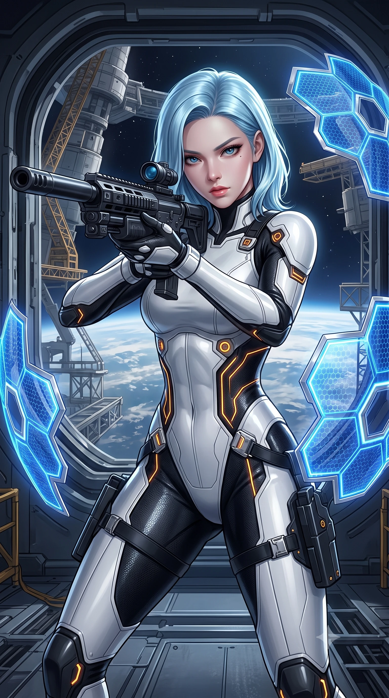 score_9, masterpiece, best quality, ultra-detailed, high-budget anime keyframe, semi-realistic 3D game render, editorial fashion photography, tasteful artistic composition, Korean woman. close-up cowboy shot from the waist and thighs up, the character dominates the composition, filling the frame with her large presence. looking into the camera lens with intense, captivating depth, softly parted glossy lips and thick eyelashes framing her fierce battle-ready gaze while standing poised near the massive open airlock of a zero-gravity orbital hangar while aiming a sleek carbon railgun rifle toward the cosmos. The surrounding environment is rendered in vivid detail and crisp panoramic clarity. dramatic space chiaroscuro and grand orbital engineering captured with environmental precision. She has an exceptionally elegant, slender, and willowy female figure with an ultra-slim waist, a gracefully sculpted slender torso, toned flat midriff, and a refined slim silhouette. sharp v-shaped jawline, high-bridge nose, intricate jewel-like eyes with depth, thick eyelashes, glossy lips with a natural sheen, flawlessly proportioned anatomical accuracy, strict slender model proportions, natural body alignment, perfectly sculpted long slender limbs, ultra-slim waistline, clean dynamic posture without body distortion. wearing a high-contrast monochrome white-and-black carbon-composite exoskeleton suit with glowing amber circuitry, deploying floating hexagonal holographic energy shields with sovereign grace in electric cobalt blue carbon with polished platinum trim, made of liquid carbon-jersey fabric adhering flawlessly to her sculpted silhouette, detailed with magnetic weapon holsters and polished chrome connection clasps, the glove-like aerodynamic second-skin fit tightly clinging to her ultra-slender waist and athletic curves without adding bulk, accentuating her razor-sharp statuesque lines and slim hourglass silhouette. surrounded by an awe-inspiring, calm, and radiantly deadly orbital sharpshooter goddess aura. rich saturated anime colors with glowing neon highlights, detailed shading with soft gradients, rich glossy textures, high-contrast stereoscopic depth, volumetric dynamic lighting, master piece, 9:16 ratio
