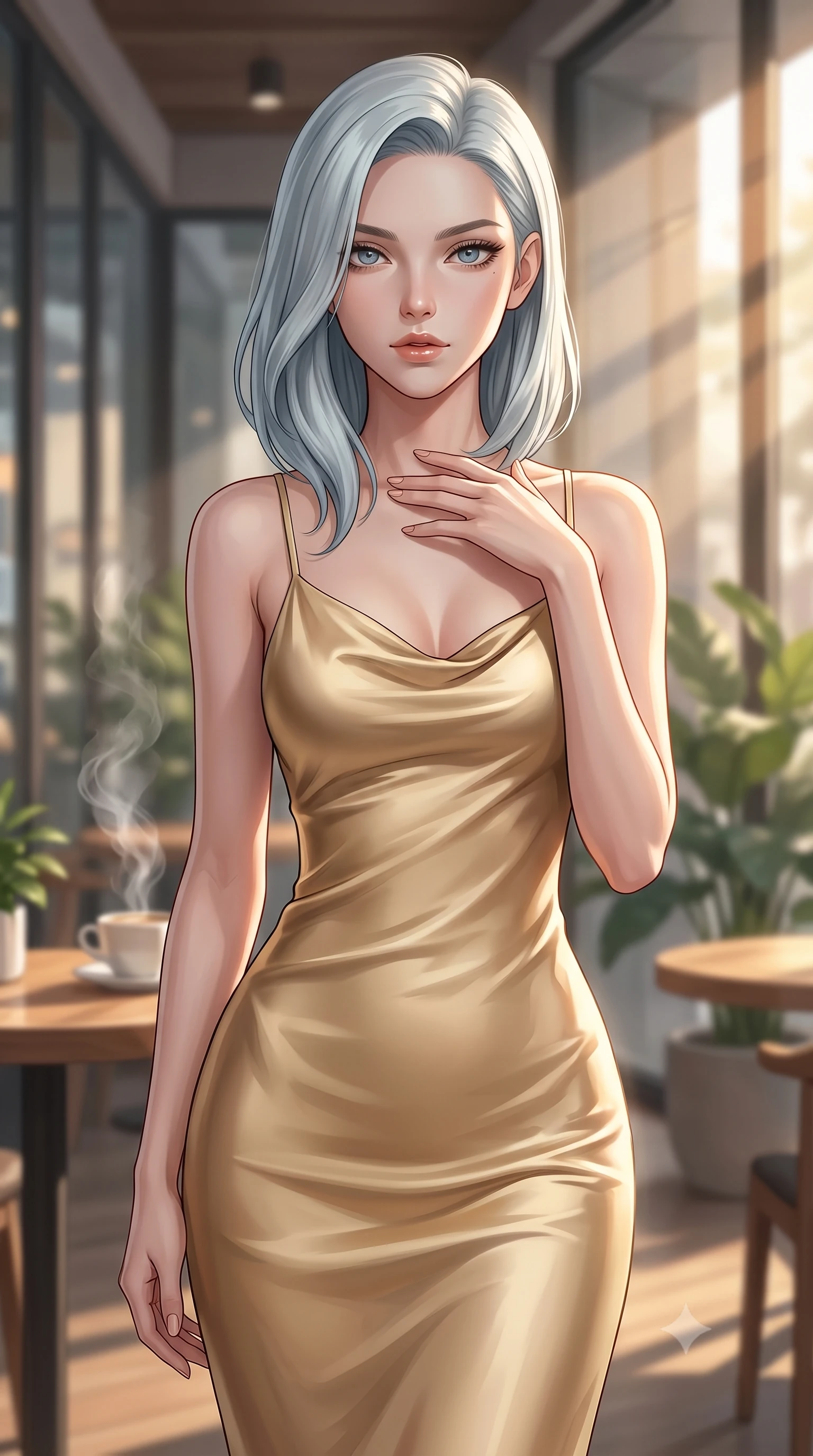 score_9, masterpiece, best quality, ultra-detailed, high-budget anime keyframe, editorial fashion photography, tasteful artistic composition, Korean woman woman. close-up cowboy shot from the waist and thighs up, the character dominates the composition, filling the frame with her large presence, background elements kept in soft focus. standing with one hand resting on her collarbone, looking at the viewer with bedroom-eyes the background shows a soft-focus a cozy corner of a modern café with large glass windows, wooden tables, and green houseplants. She has an exceptionally elegant, slender, and willowy female figure with an ultra-slim waist, a gracefully sculpted slender torso, and a refined silhouette. sharp v-shaped jawline, high-bridge nose, intricate jewel-like eyes with depth, thick eyelashes, glossy lips with a natural sheen. wearing a body-hugging form-fitting slip dress in soft gold satin, tracing her willowy silhouette. warm morning sunbeams streaming through the window, highlighting coffee steam. 2k, ultra detail, master piece, 9:16 ratio